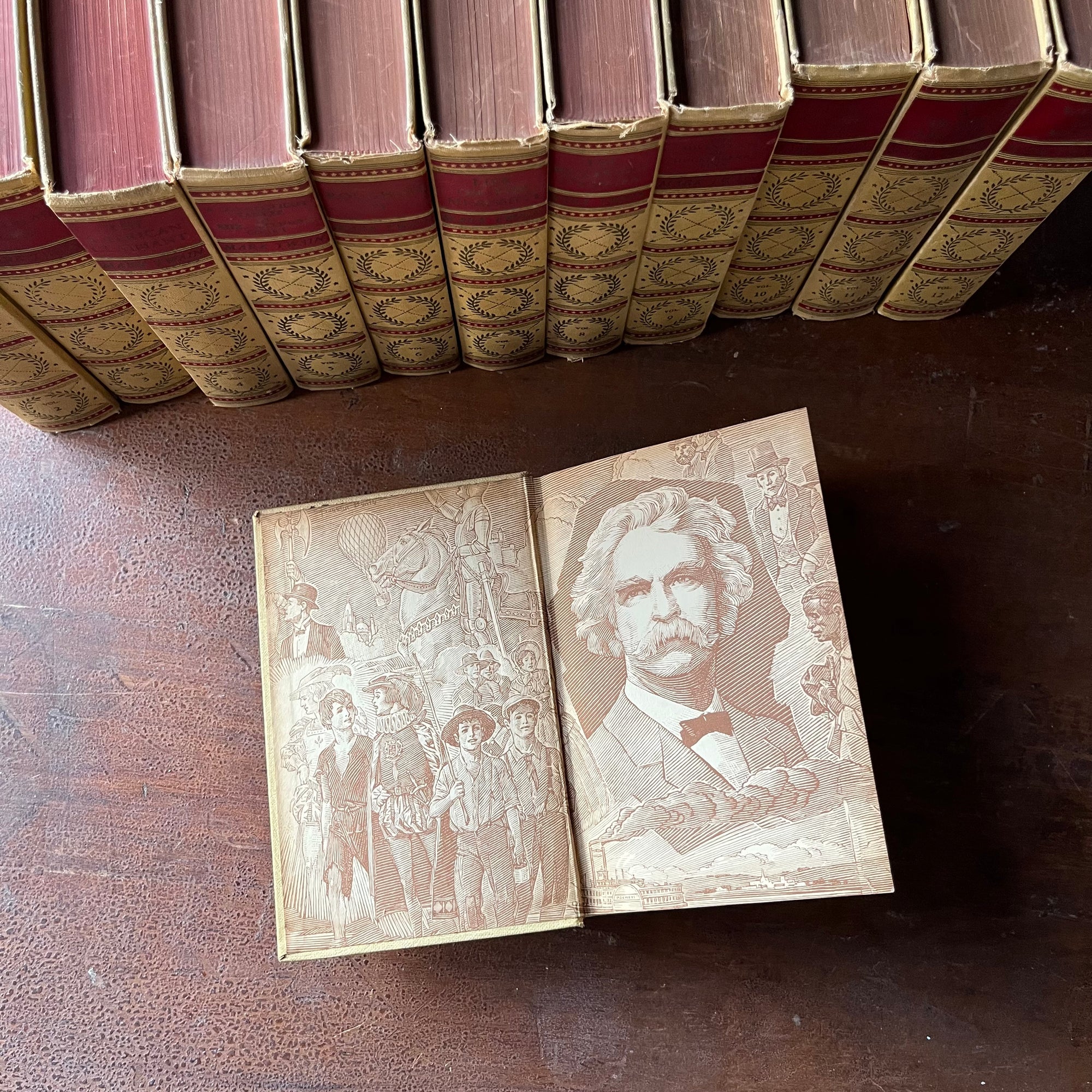 American Classic Literature Book Set - American Artist's Edition The Complete Works of Mark Twain - 12 Volume Set (Volumes 1-12) - view of the inside cover
