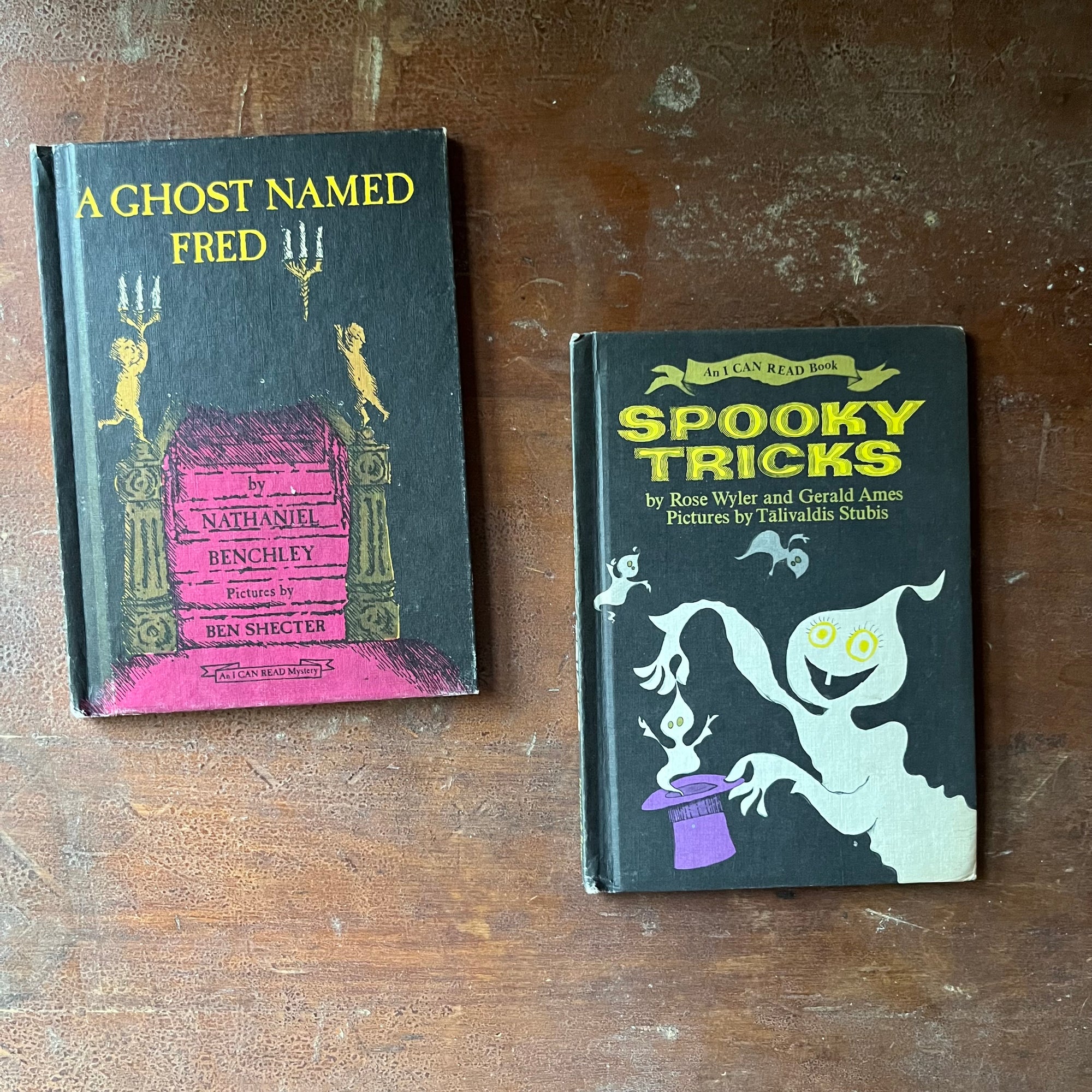 vintage children's picture book set, Halloween Books for Children, An I Can Read Book Set - A Ghost Named Fred written by Nathaniel Benchley & Spooky Tricks written by Rose Wyler & Gerald Ames - view of their front covers with spooky illustrations with ghosts