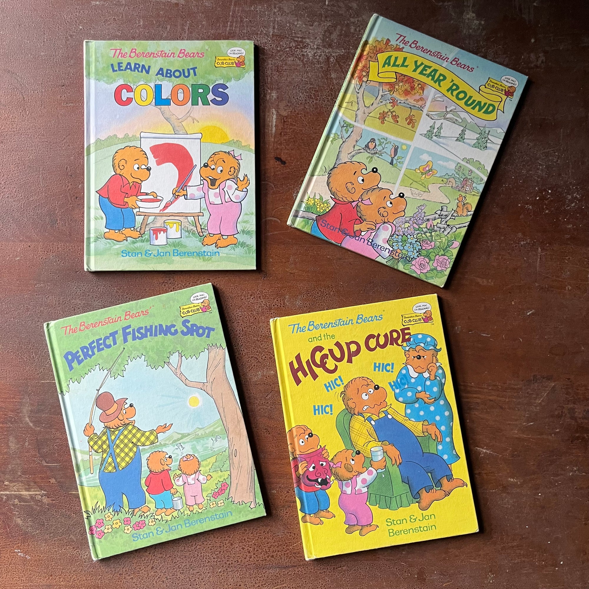 vintage children's picture books - Berenstain Bears Cub Club Book Set - The Hiccup Cure, Perfect Fishing Spot, All Year Round & Colors by Stan & Jan Berenstain - view of the front covers
