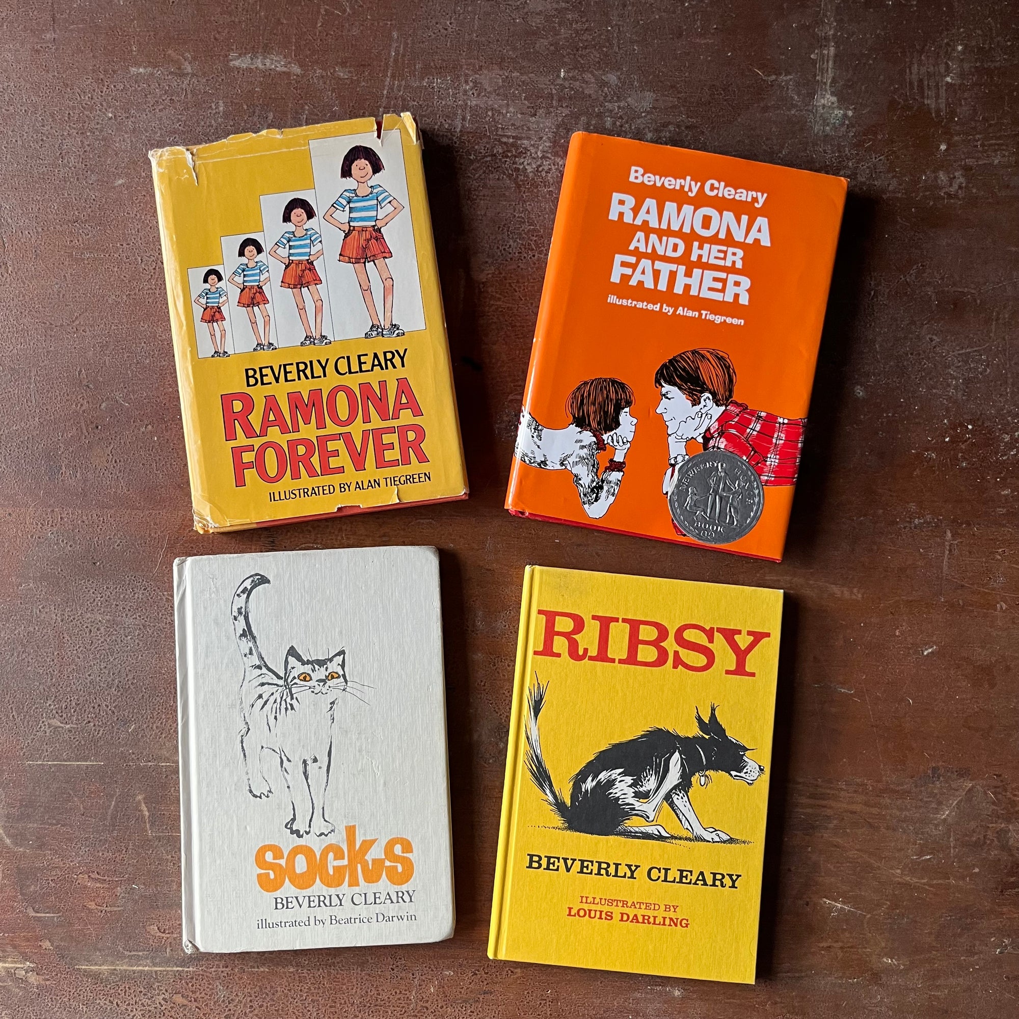 vintage children's chapter books, weekly reader children's book club books - Set of Four Books Written by Beverly Cleary:  Ramona Forever, Ramona & Her Father, Socks & Ribsy - view of the front covers (the Ramona books showing their dust jacket's
