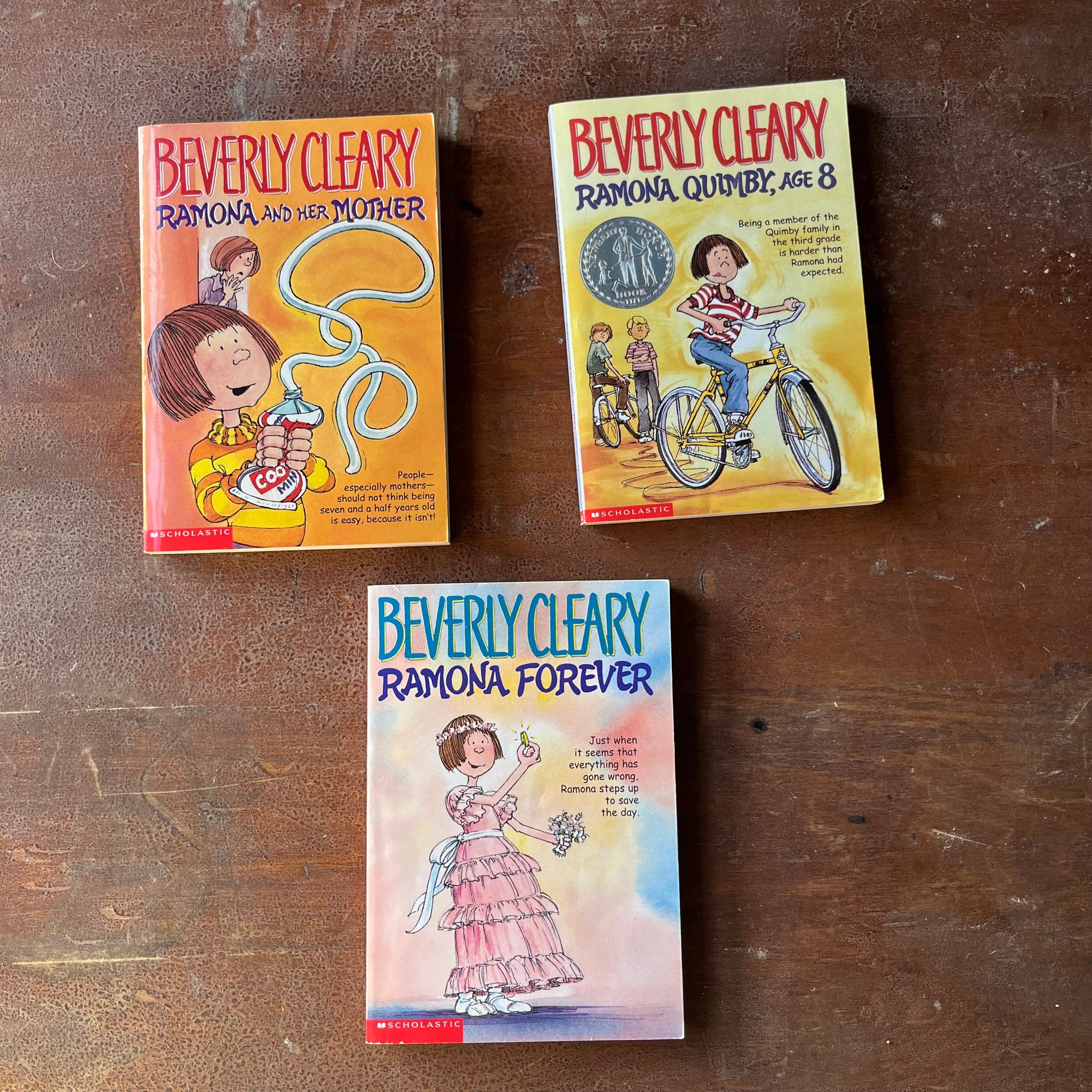 Beverly Cleary Book Set-RAmona and her Mother, Ramona Quimby, Age 8, and Ramona Forever-Scholastic Inc. Books-view of the bright & colorful front covers with illustrations by Alan Tiegreen