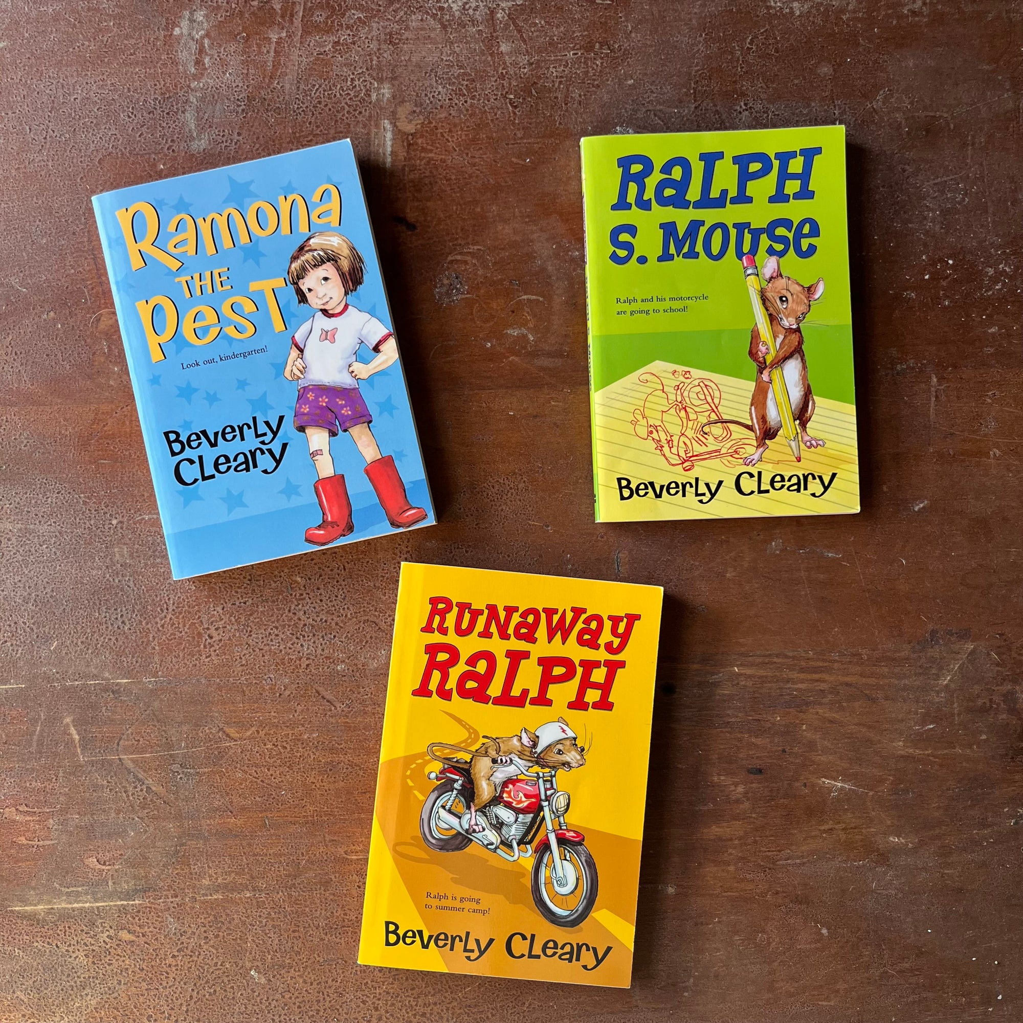 Beverly Cleary Book Set:  Ramona The Pest, Ralph S. Mouse, and Runaway Ralph-illustrated by Tracy Dockray-view of the bright & colorful front covers featuring an illustration of each main character