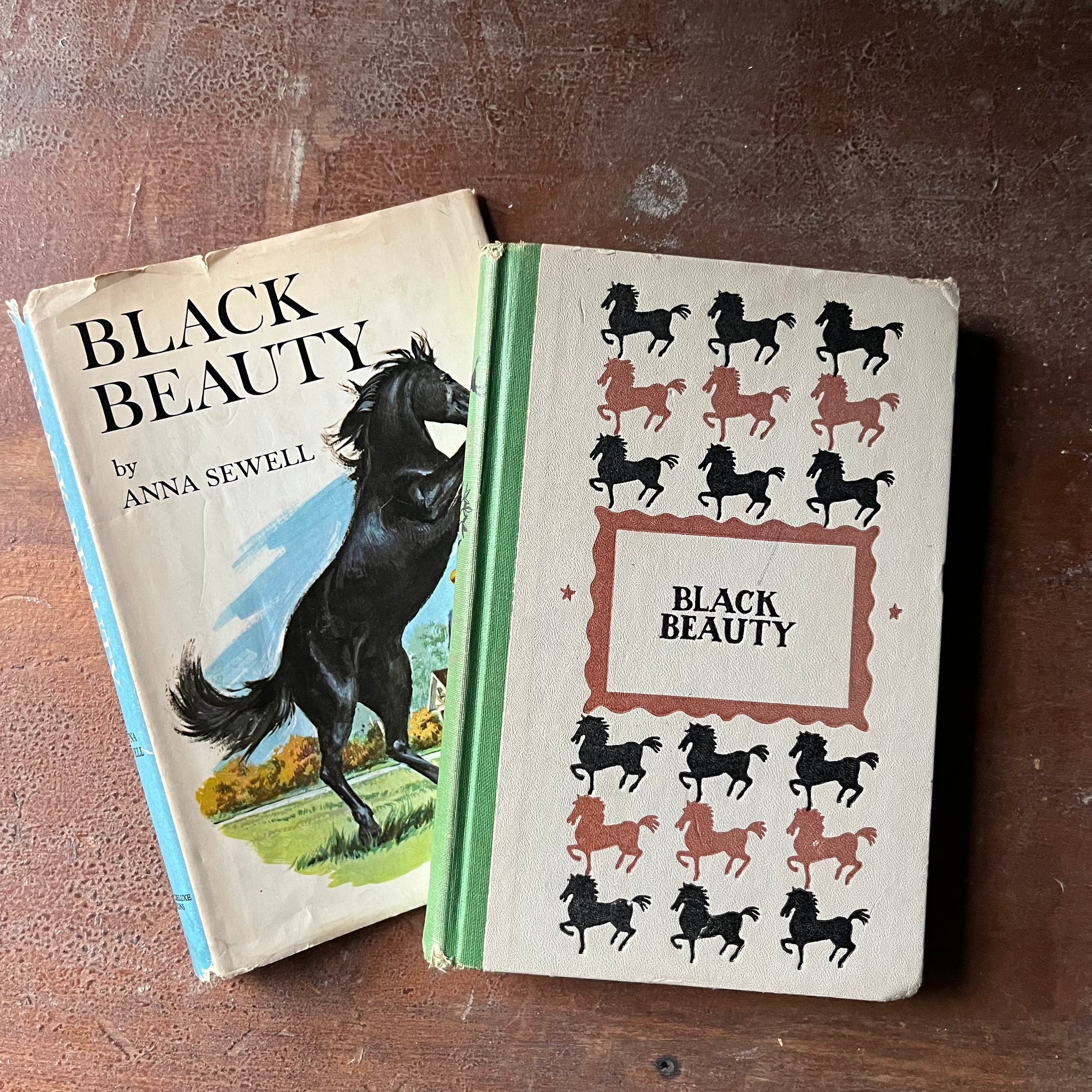 vintage children's chapter book, classic literature, horse story, Junior Deluxe Editions - Black Beauty written by Anna Sewell with illustrations by Walter Seaton - view of the embossed front cover