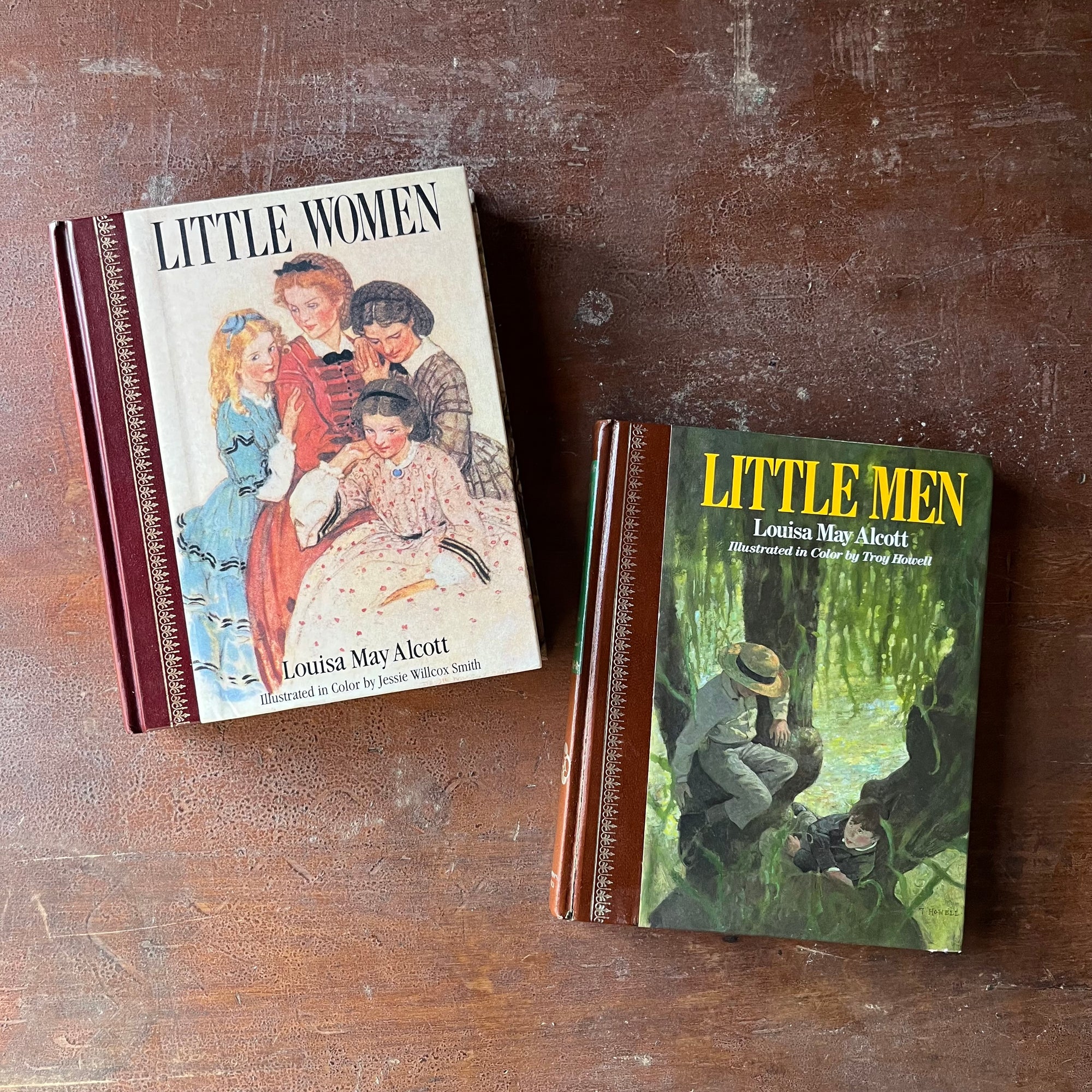 Children's Classics Book Set-Little Women with illustrations by Jessie Wilcox Smith & Little Men with illustrations by Troy Howell, both written by Louisa May Alcott-classic American Literature-vintage chapter books-view of the front covers