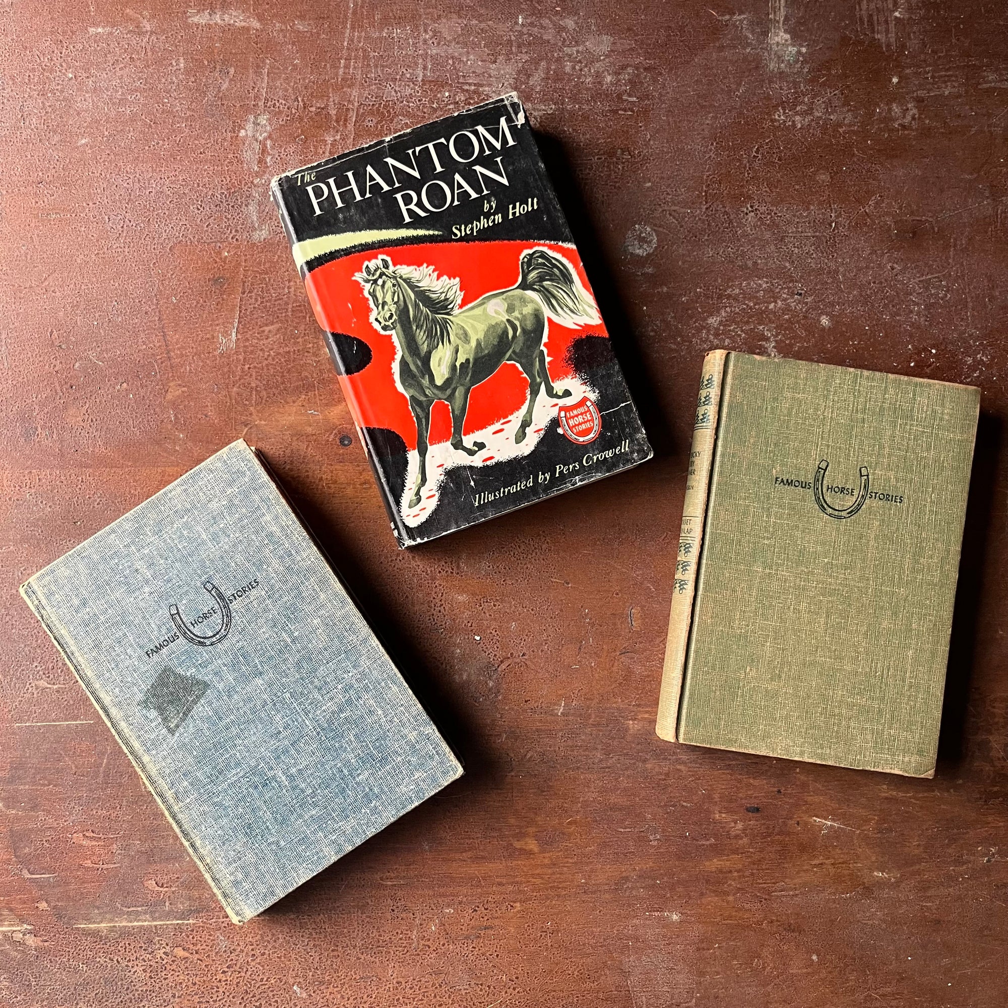 Famous Horse Stories-The Phantom Roan, Chinchfoot & Kentucky Derby Winner-vintage children's chapter books-view of the front covers showing the Famous Horse Stories Emblem & the dust jacket for The Phantom Roan