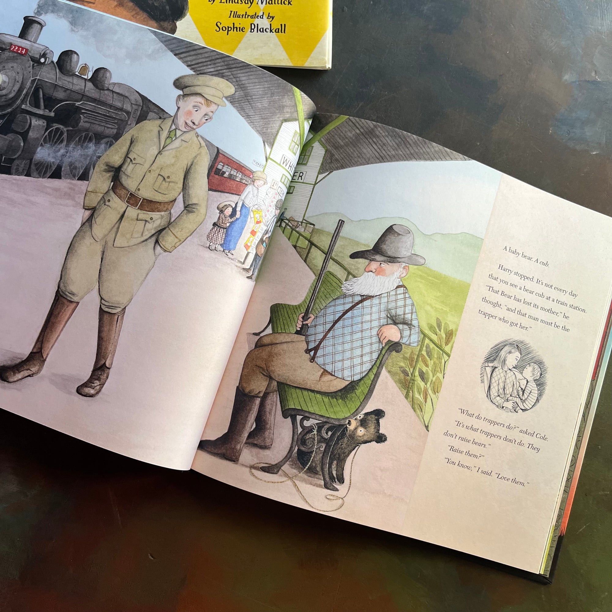 Finding Winnie The True Story of the World's Most Famous Bear written by Lindsay Mattick with illustrations by award winning artist Sophie Blackall-2016 Caldecott Winner-read aloud revival-children's story-Winnie the Pooh-view of the color illustrations