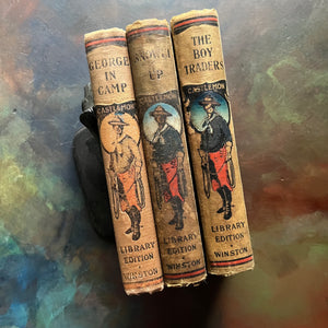 Harry Castlemon Trio of Antique Books-The Boy Traders, Snowed Up, George in Camp-antique children's chapter books-adventure books for boys-view of the spines