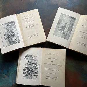 Harry Castlemon Trio of Antique Books-The Boy Traders, Snowed Up, George in Camp-antique children's chapter books-adventure books for boys-view of the title pages