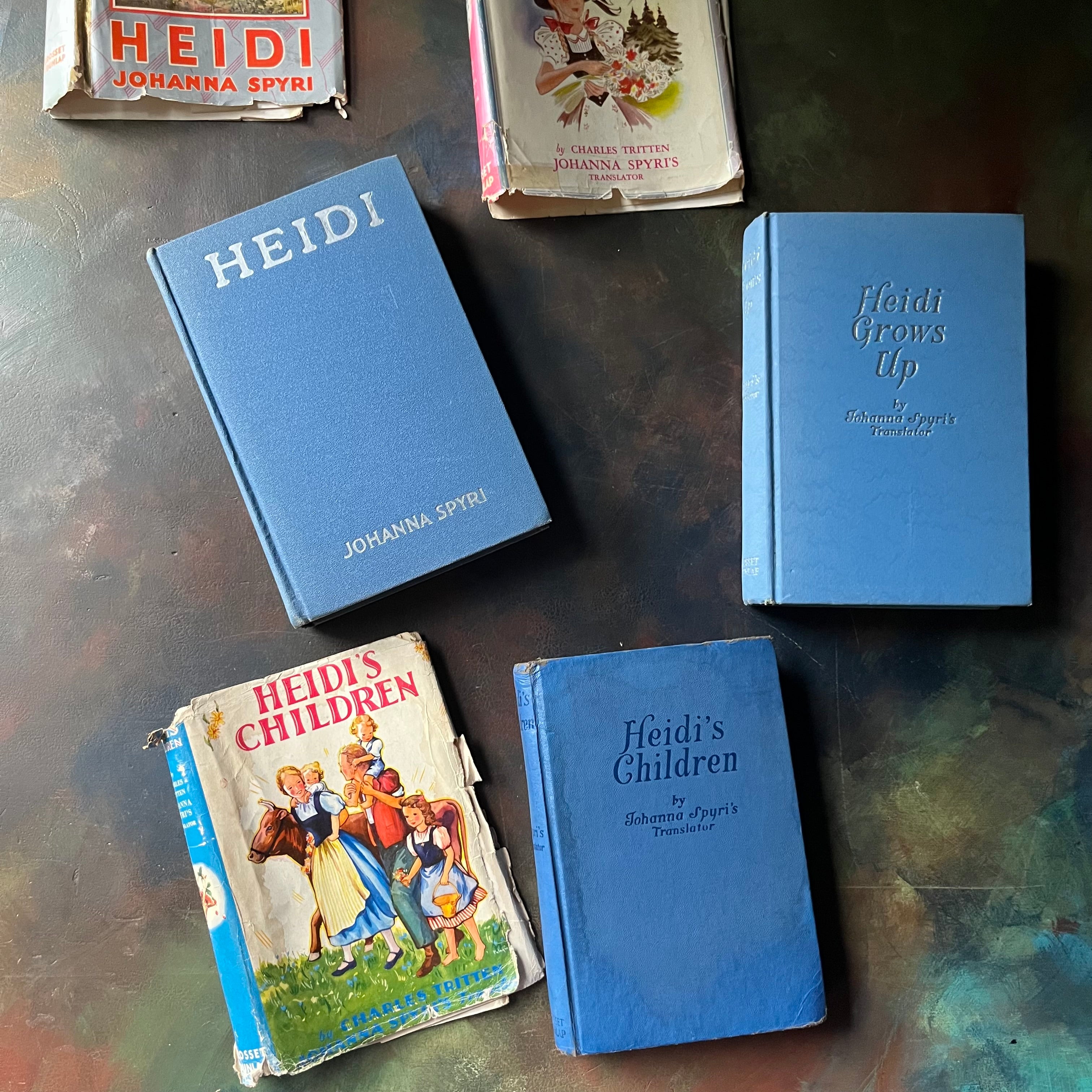Heidi, Heidi Grows Up, and Heidi's Children by Johanna Spyri and Charles Tritten-classic children's literature-vintage chapter books for kids-view of the front covers