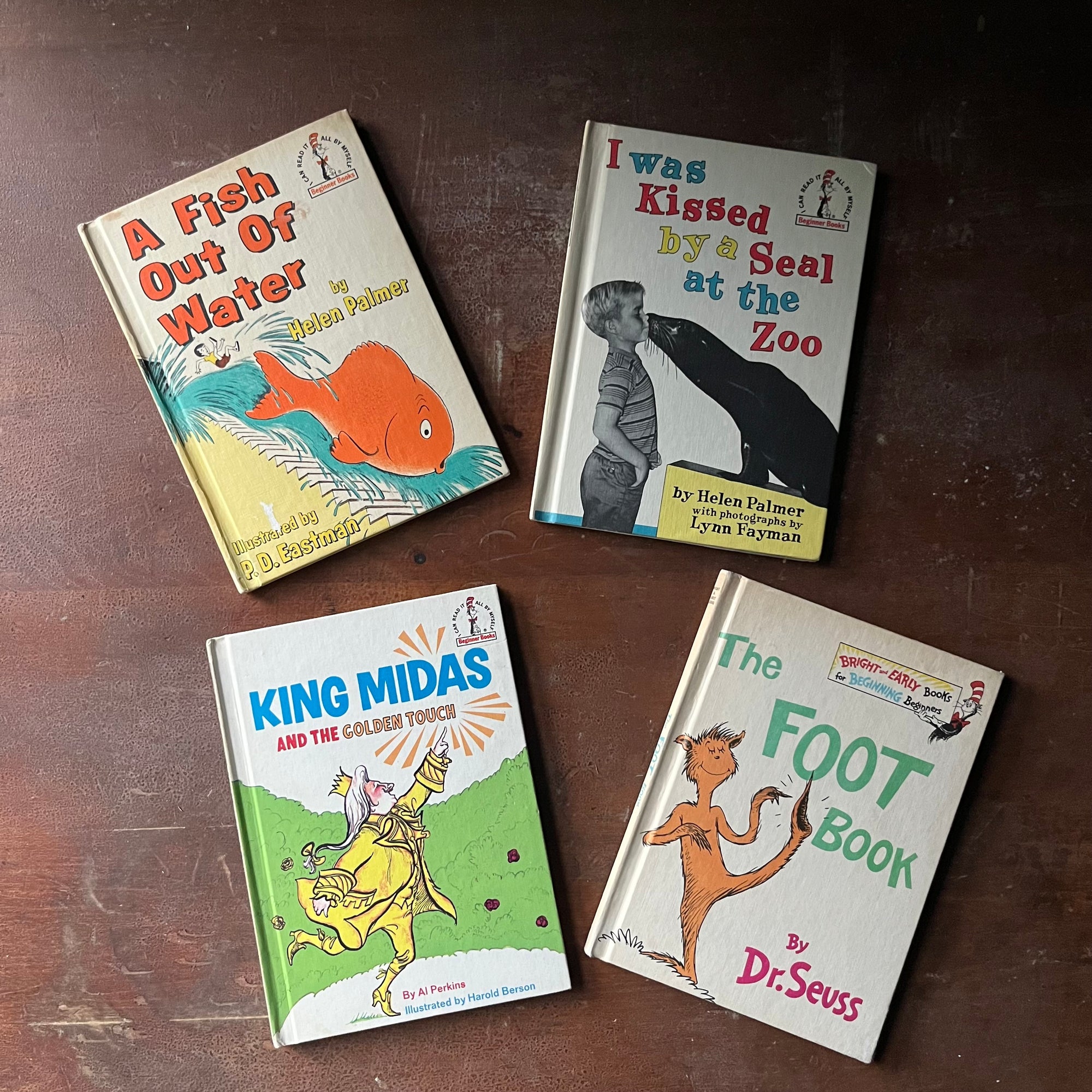 vintage picture books - I Can Read it All By Myself Beginner Book 4 Book Set:  A Fish Out of Water, I Was Kissed by a Seal at the Zoo, King Midas and the Golden Touch, and The Foot Book written by Dr. Suess, Helen Palmer, & Al Perkins - view of the front covers