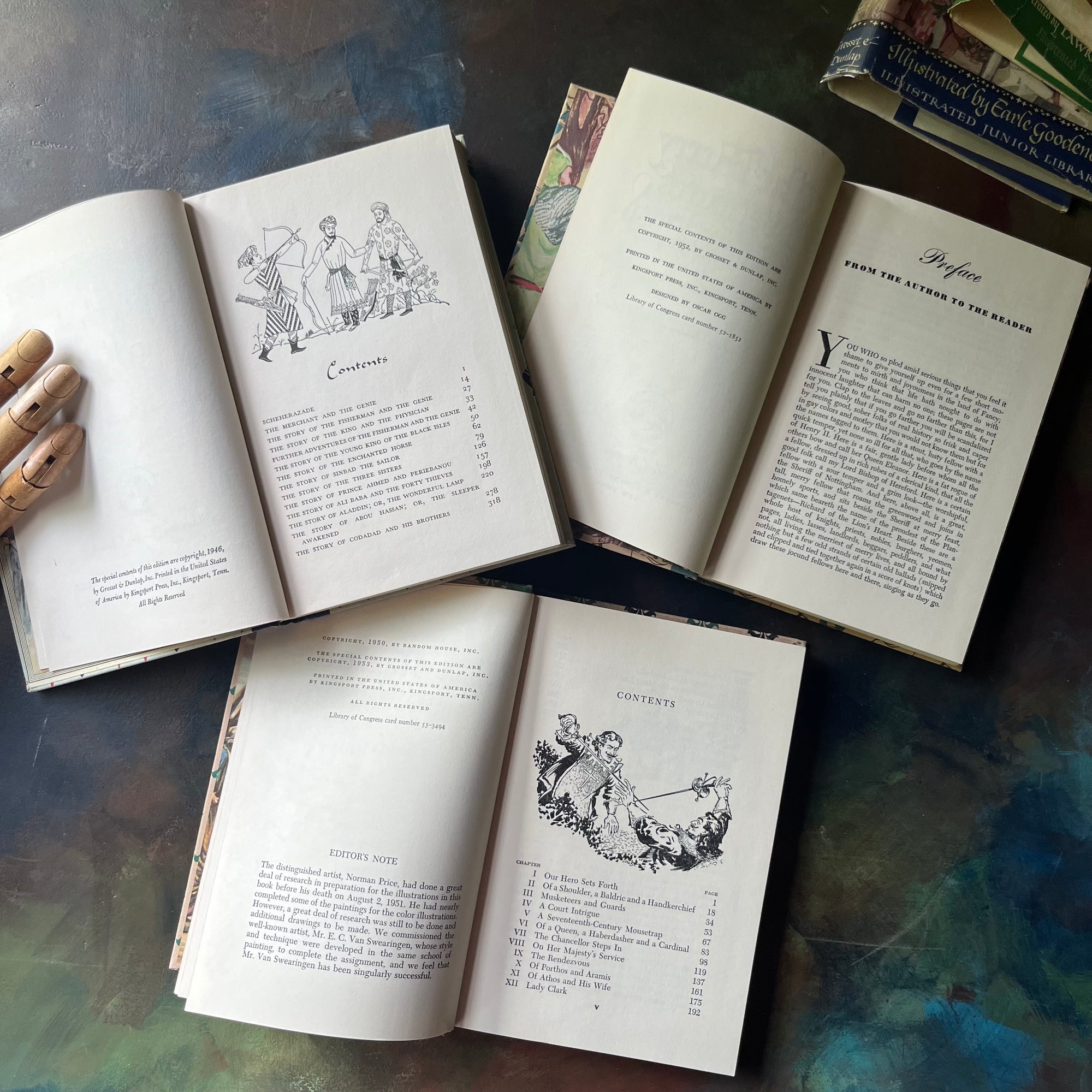 Illustrated Junior Library Editions Book Set-Three Musketeers-The Merry Adventures of Robin Hood-Arabian Nights-classic children's literature-view of the copyrights