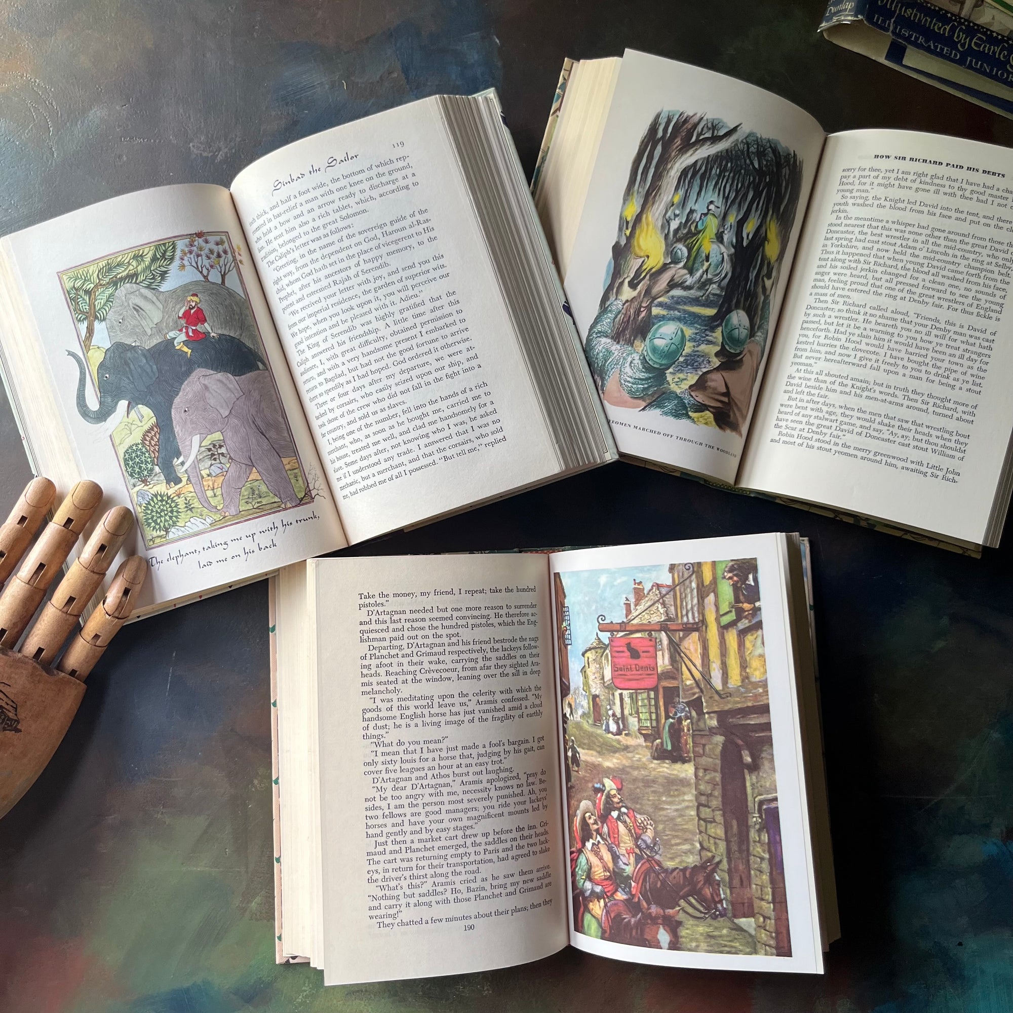 Illustrated Junior Library Editions Book Set-Three Musketeers-The Merry Adventures of Robin Hood-Arabian Nights-classic children's literature-view of the illustrations