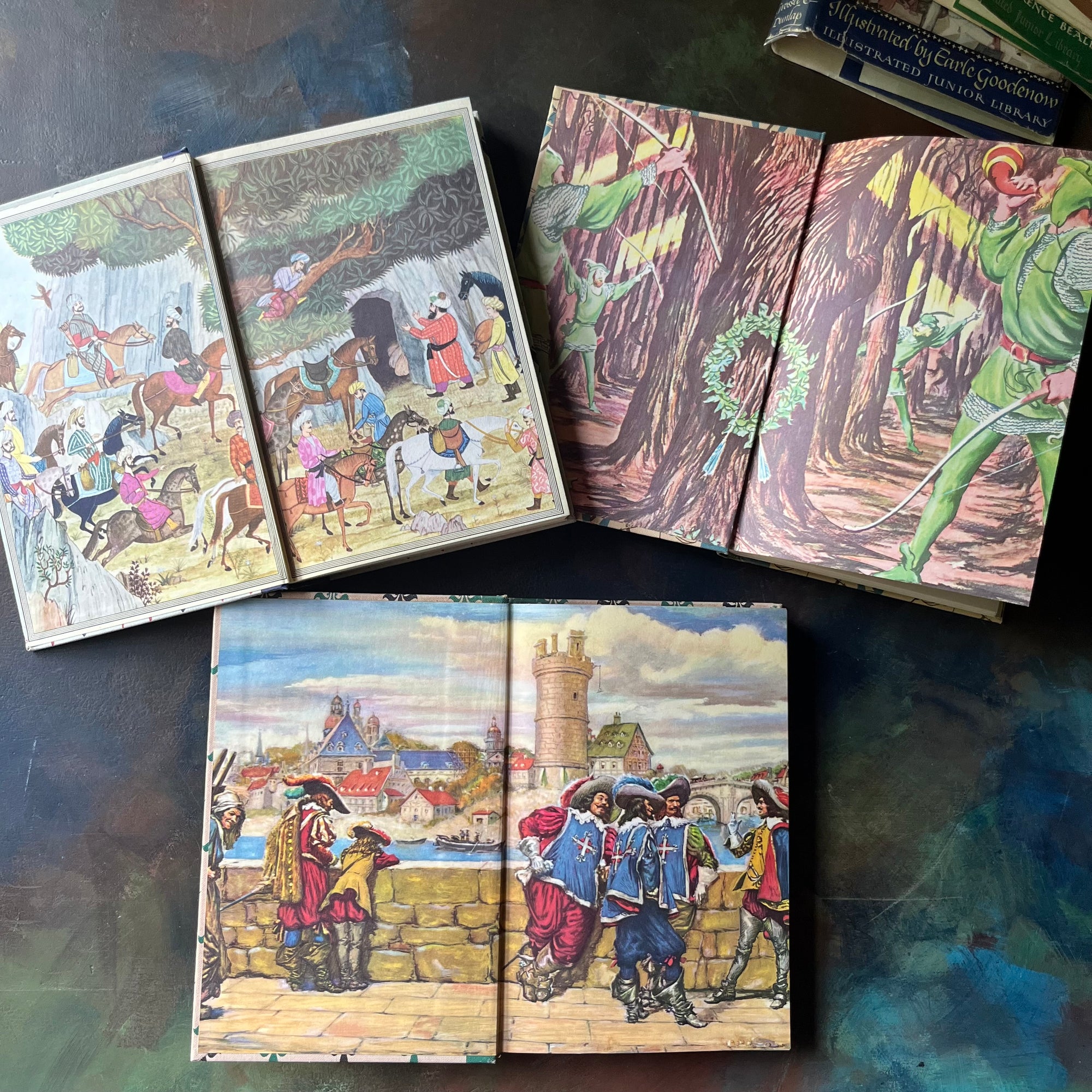 Illustrated Junior Library Editions Book Set-Three Musketeers-The Merry Adventures of Robin Hood-Arabian Nights-classic children's literature-view of the endpapers