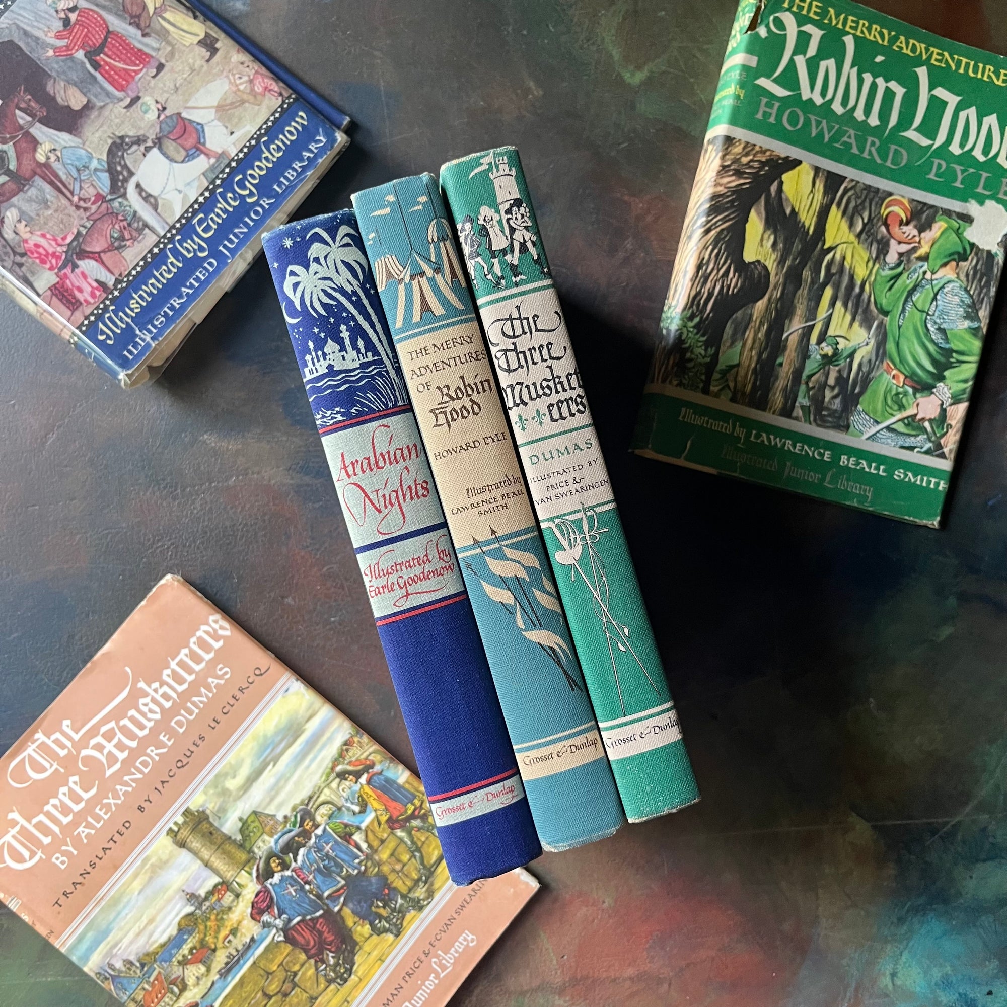 Illustrated Junior Library Editions Book Set-Three Musketeers-The Merry Adventures of Robin Hood-Arabian Nights-classic children's literature-view of the spines