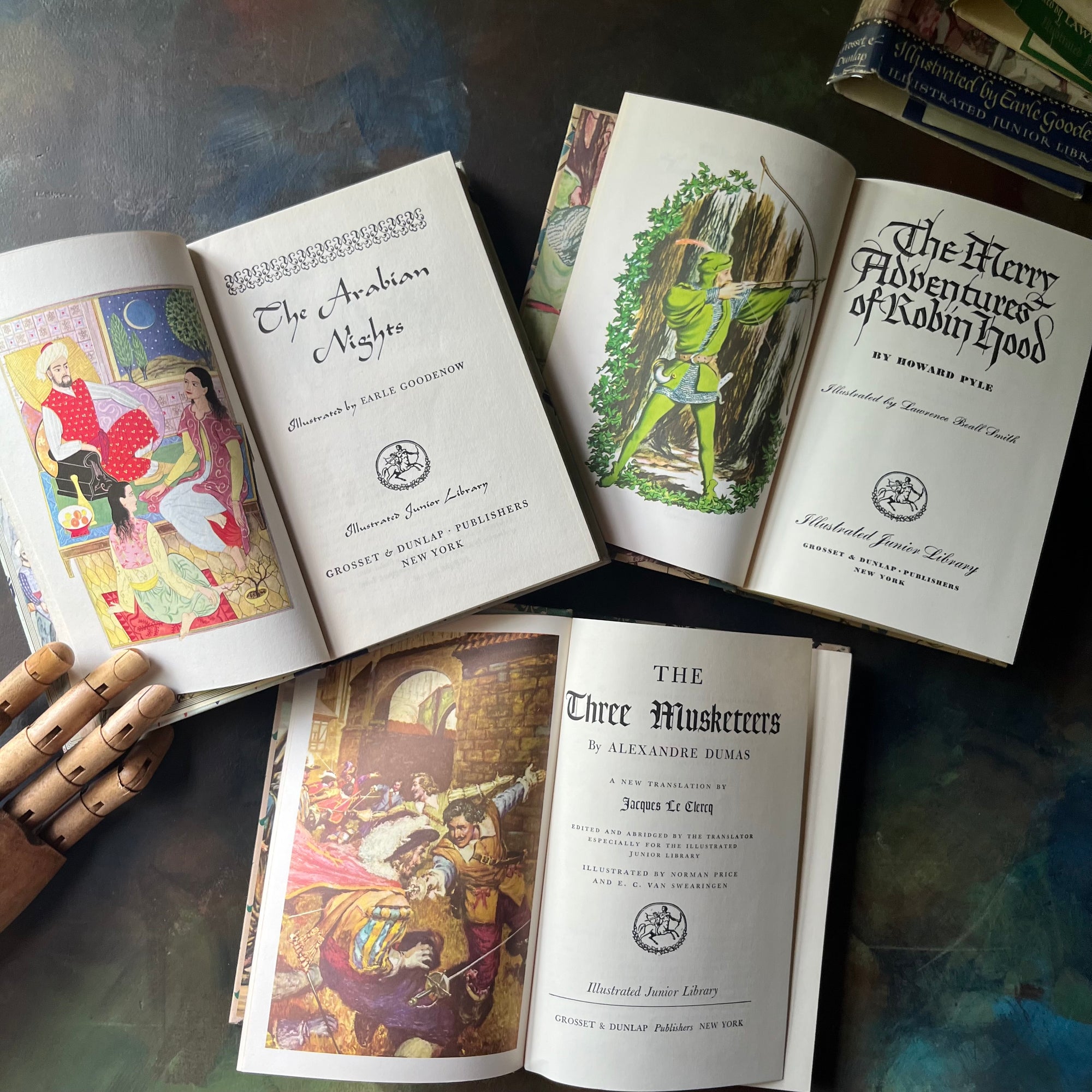 Illustrated Junior Library Editions Book Set-Three Musketeers-The Merry Adventures of Robin Hood-Arabian Nights-classic children's literature-view of the title pages