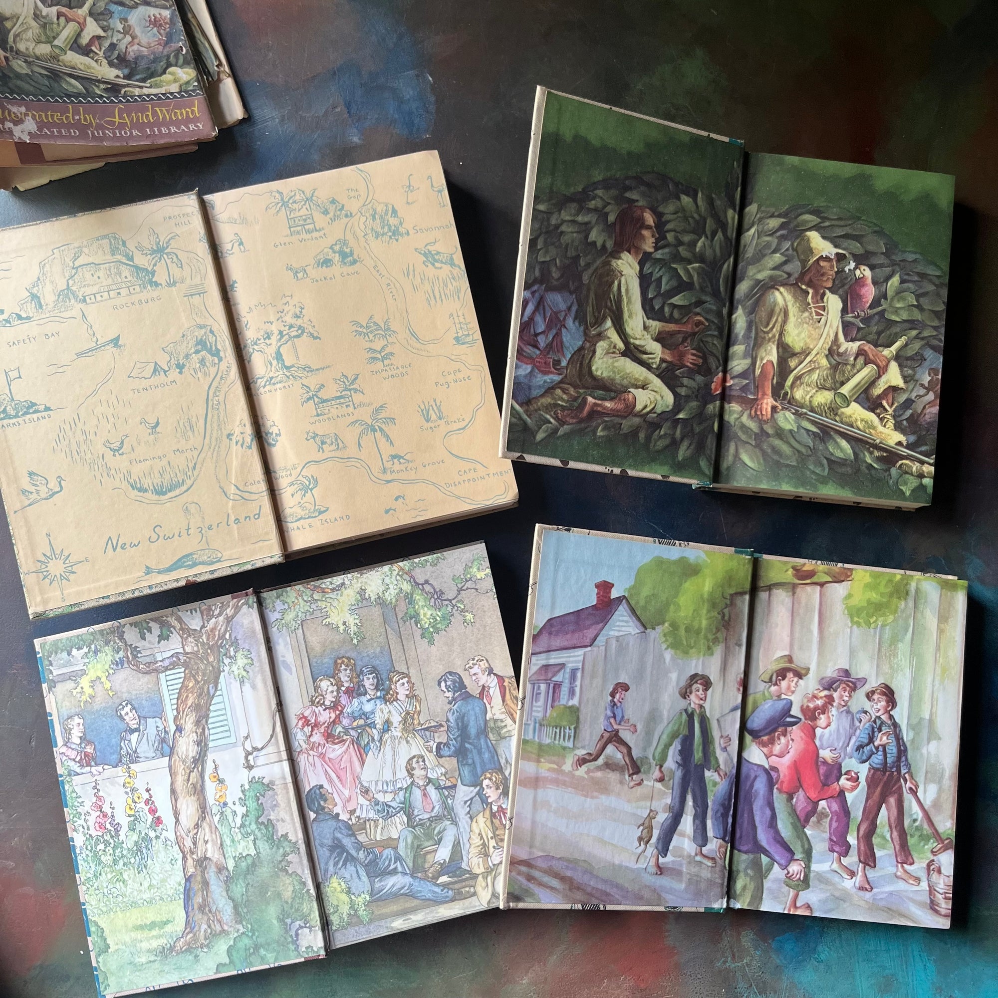 Illustrated Junior Library Editions Book Set-The Adventures of Tom Sawyer-Jo's Boys-Robinson Crusoe-The Swiss Family Robinson-classic children's literature-view of the endpapers