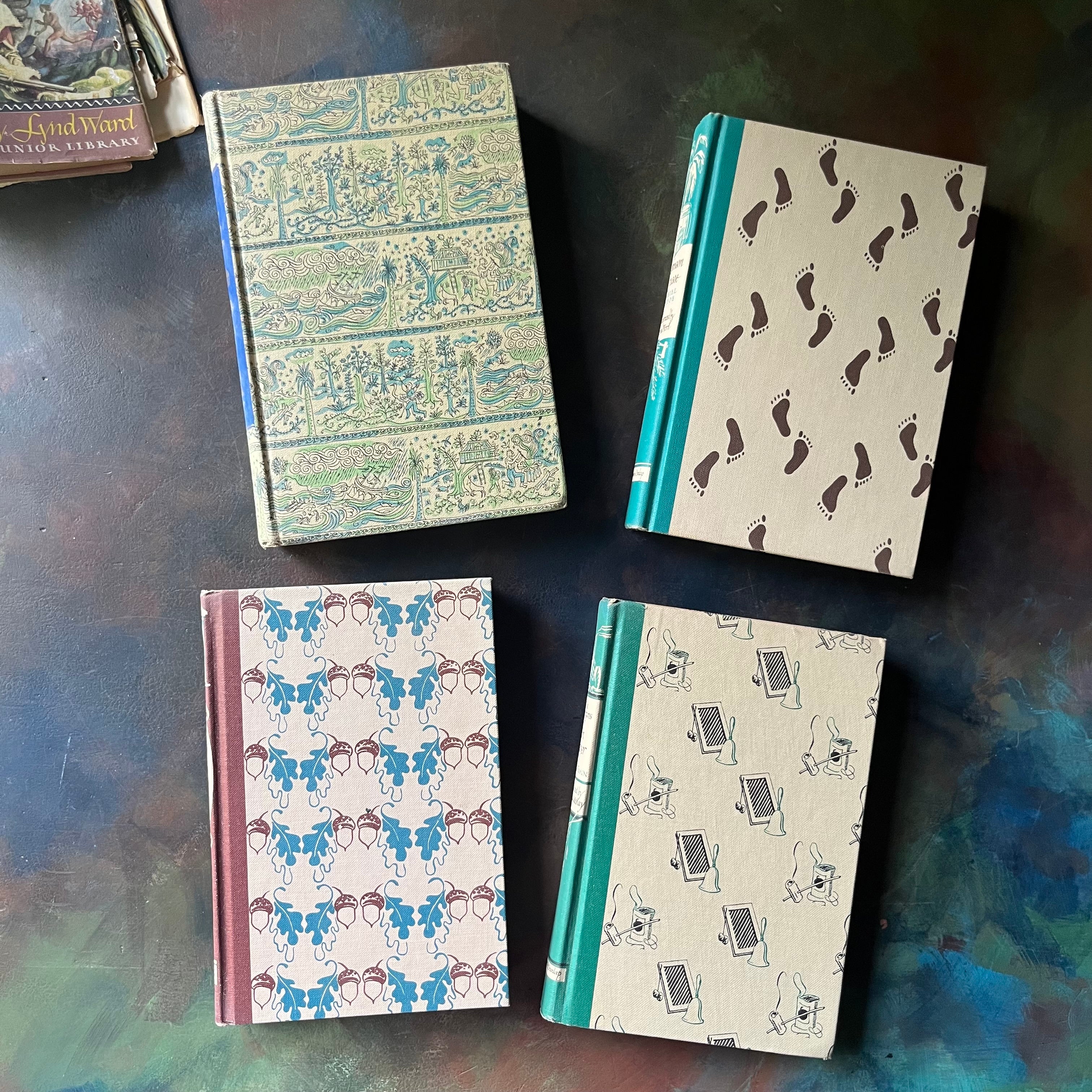 Illustrated Junior Library Editions Book Set-The Adventures of Tom Sawyer-Jo's Boys-Robinson Crusoe-The Swiss Family Robinson-classic children's literature-view of the front covers