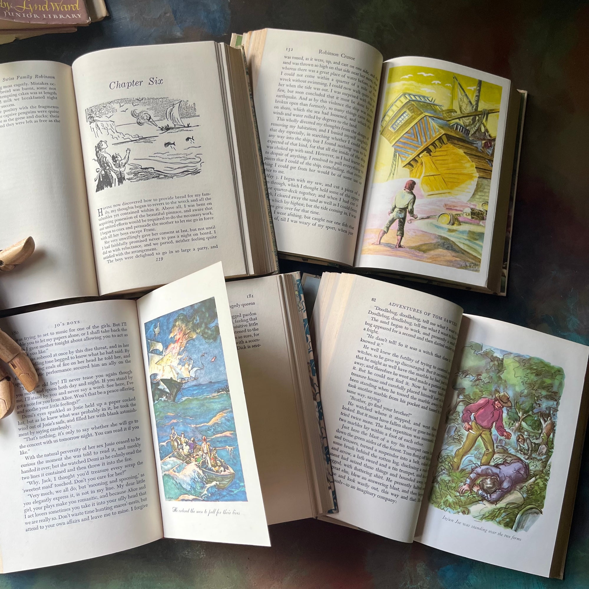 Illustrated Junior Library Editions Book Set-The Adventures of Tom Sawyer-Jo's Boys-Robinson Crusoe-The Swiss Family Robinson-classic children's literature-view of the illustrations