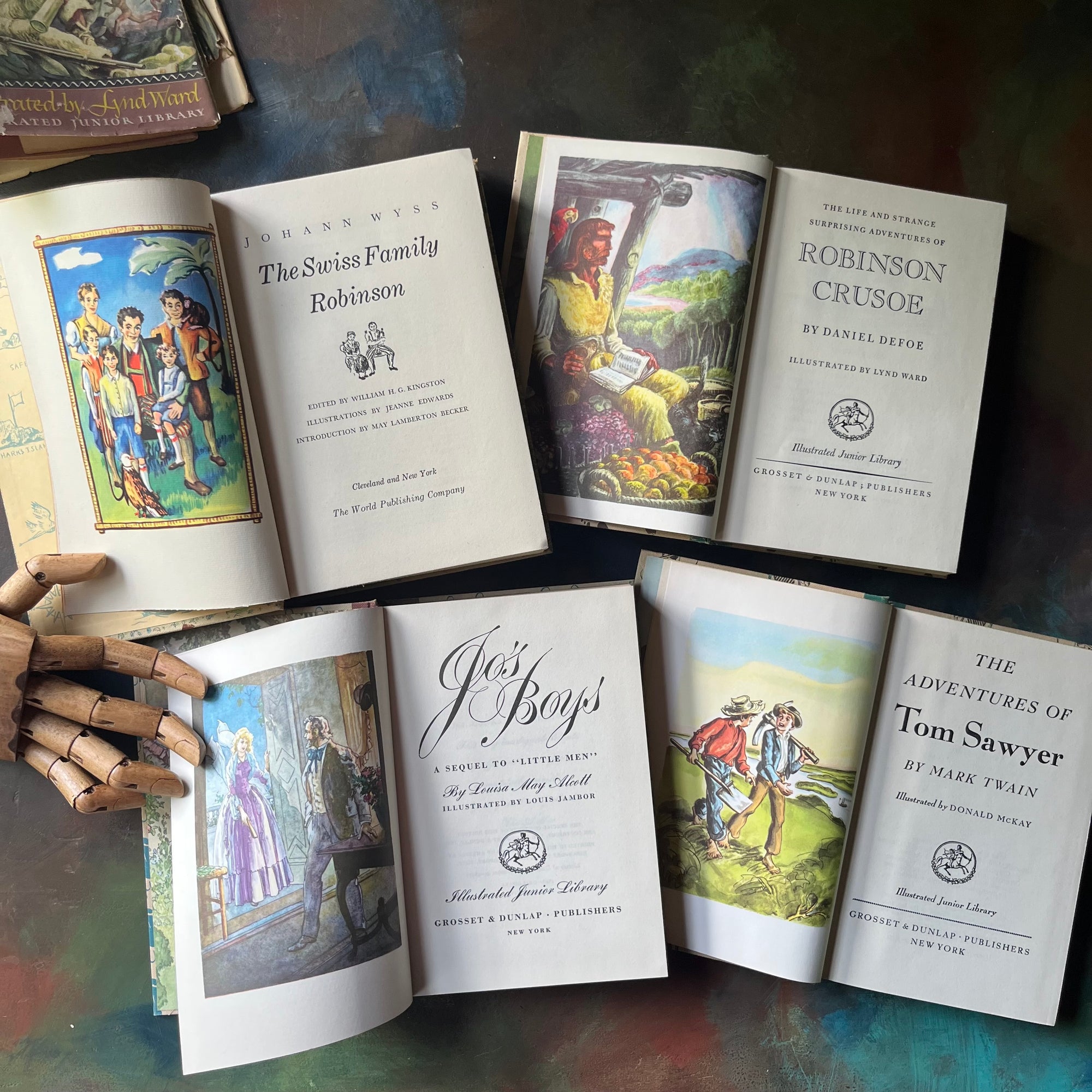 Illustrated Junior Library Editions Book Set-The Adventures of Tom Sawyer-Jo's Boys-Robinson Crusoe-The Swiss Family Robinson-classic children's literature-view of the title pages