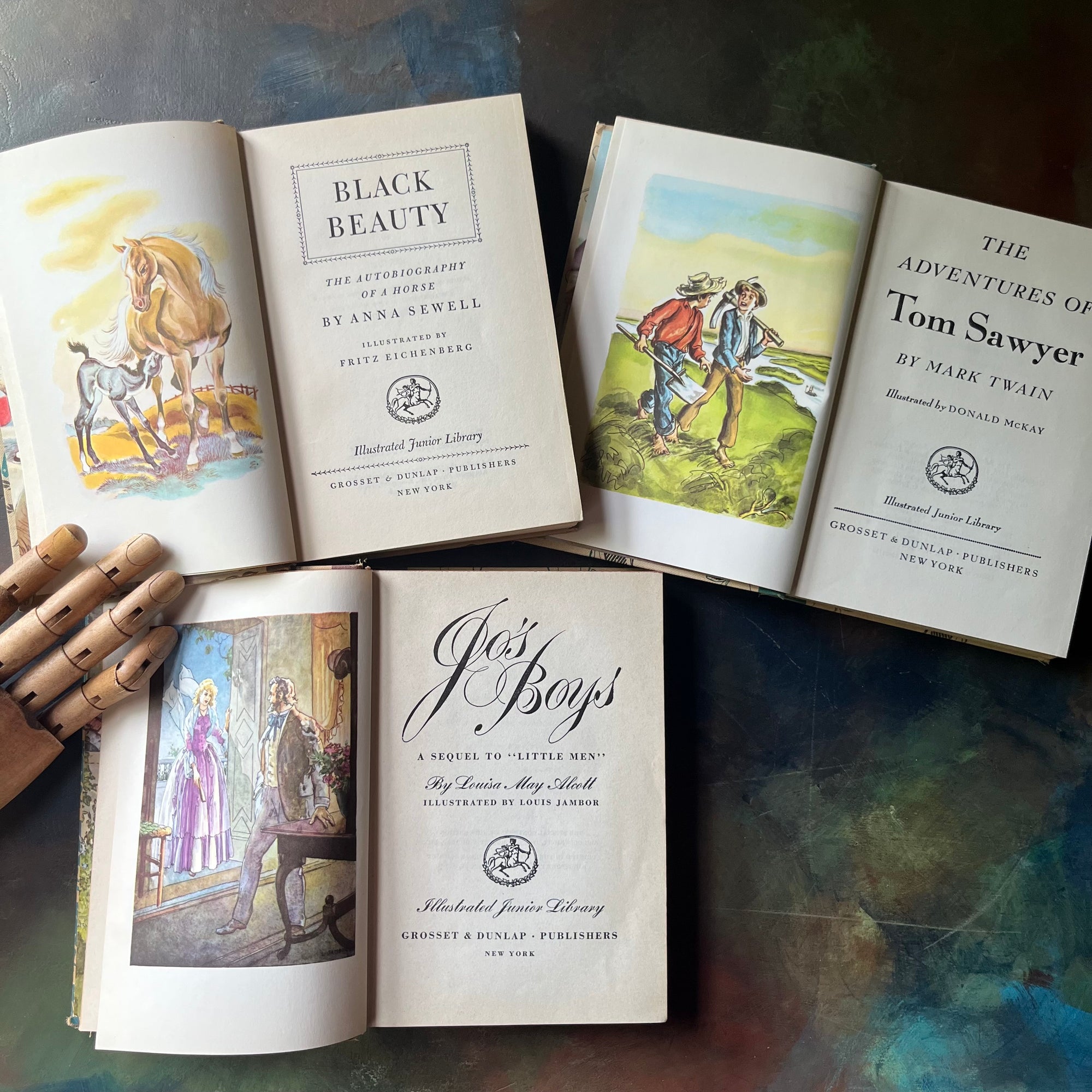 Illustrated Junior Library Series Book Set-Black Beauty-Jo's Boys-The Adventures of Tom Sawyer-classic children's literature-view of the title pages with frontispieces