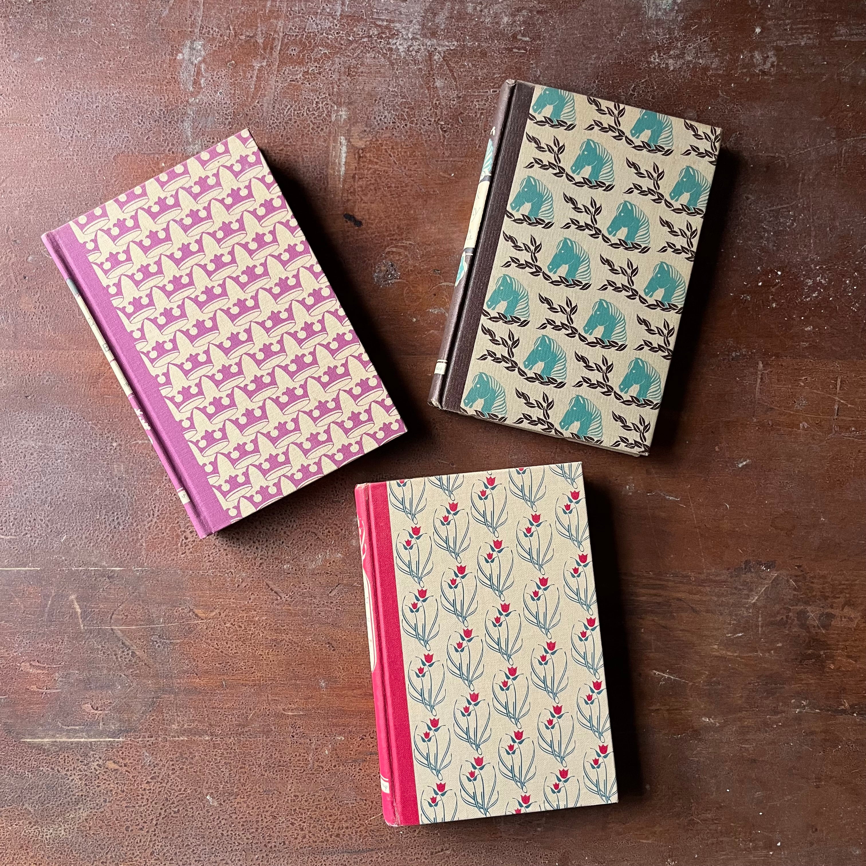 vintage children's classic literature - Illustrated Junior Library Series Book Set-Black Beauty written by Anna Sewell, The Little Lame Prince written by Dinah Maria Mulock Craik, & Hans Brinker written by Mary Mapes Dodge - view of the decorative front covers