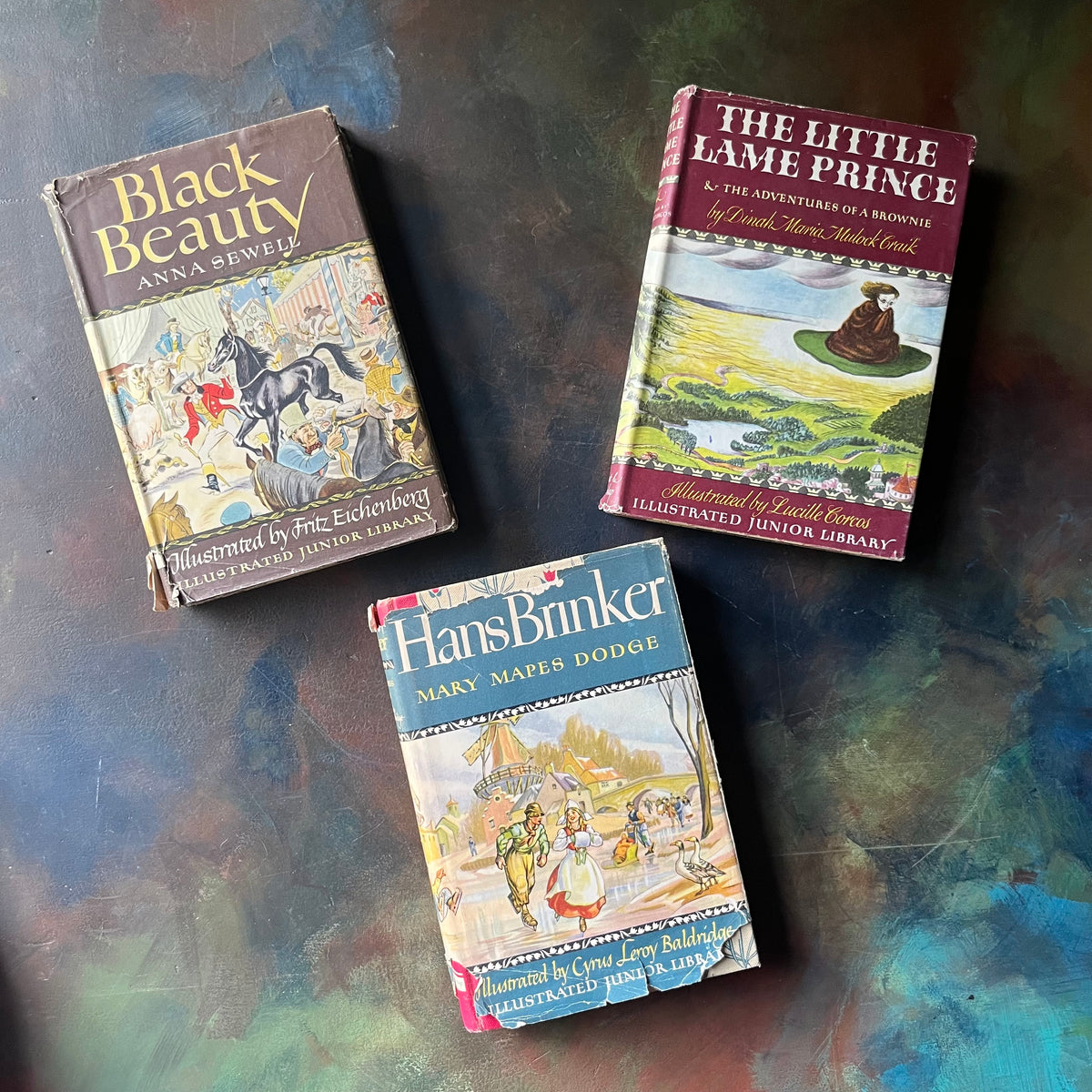 Illustrated Junior Library Edition Book Set: Black Beauty, The Little Lame Prince & The Adventures of a Brownie and Hans Brinker or the Silver Skates-vintage children's classic literature-view of the dust jacket's covers