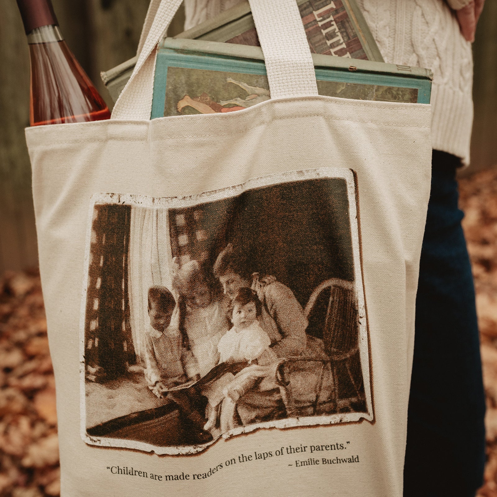Canvas Book Tote Bag - Reusable Shopping Bag - Mother & Children - Medium Size