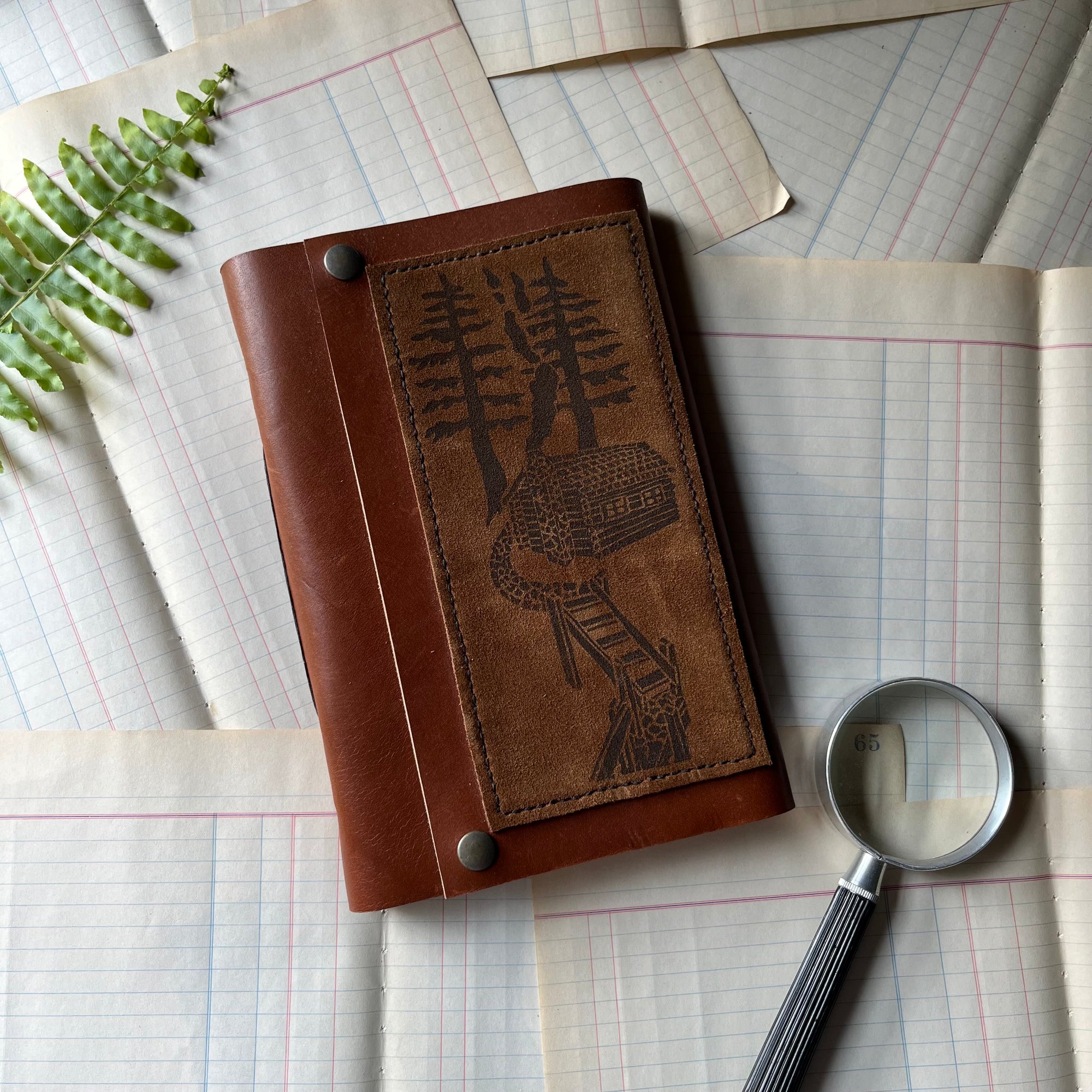 Log Cabin Leather Journal or Guest Book, nature, gratitude or book journal - blank journal - view of the front cover