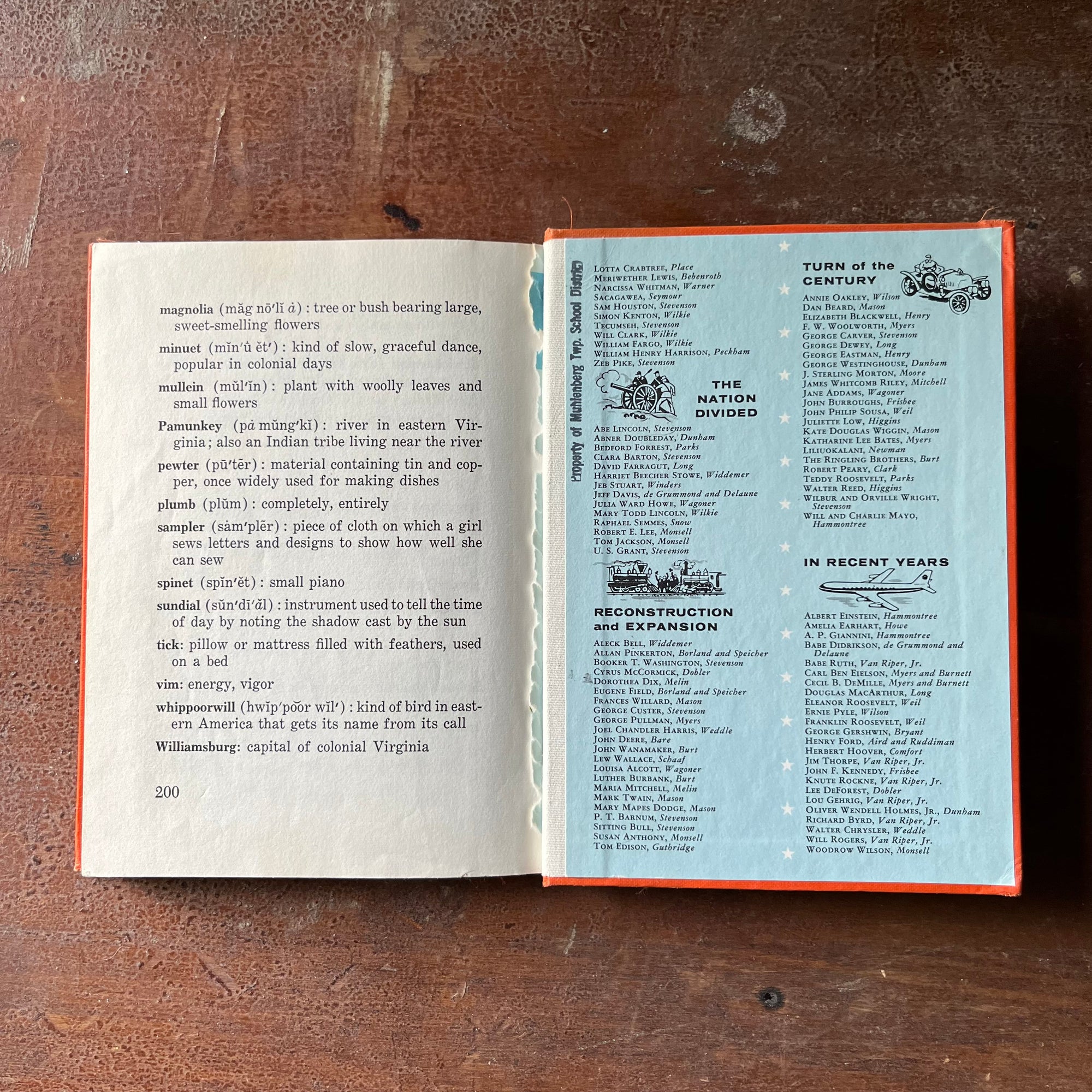 vintage children's history book, vintage biography, Childhood of Famous American Series - Martha Washington Girl of Old Virginia written by Jean Brown Wagoner with illustrations by Leslie Goldstein - view of the back, inside cover condition - the end paper has been removed