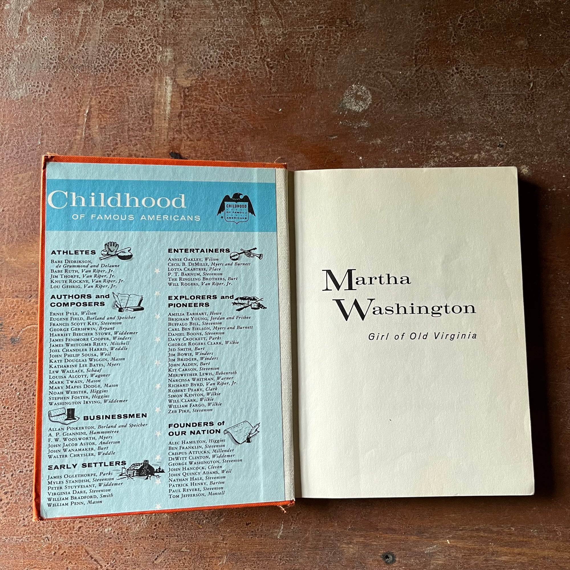 vintage children's history book, vintage biography, Childhood of Famous American Series - Martha Washington Girl of Old Virginia written by Jean Brown Wagoner with illustrations by Leslie Goldstein - view of the inside cover