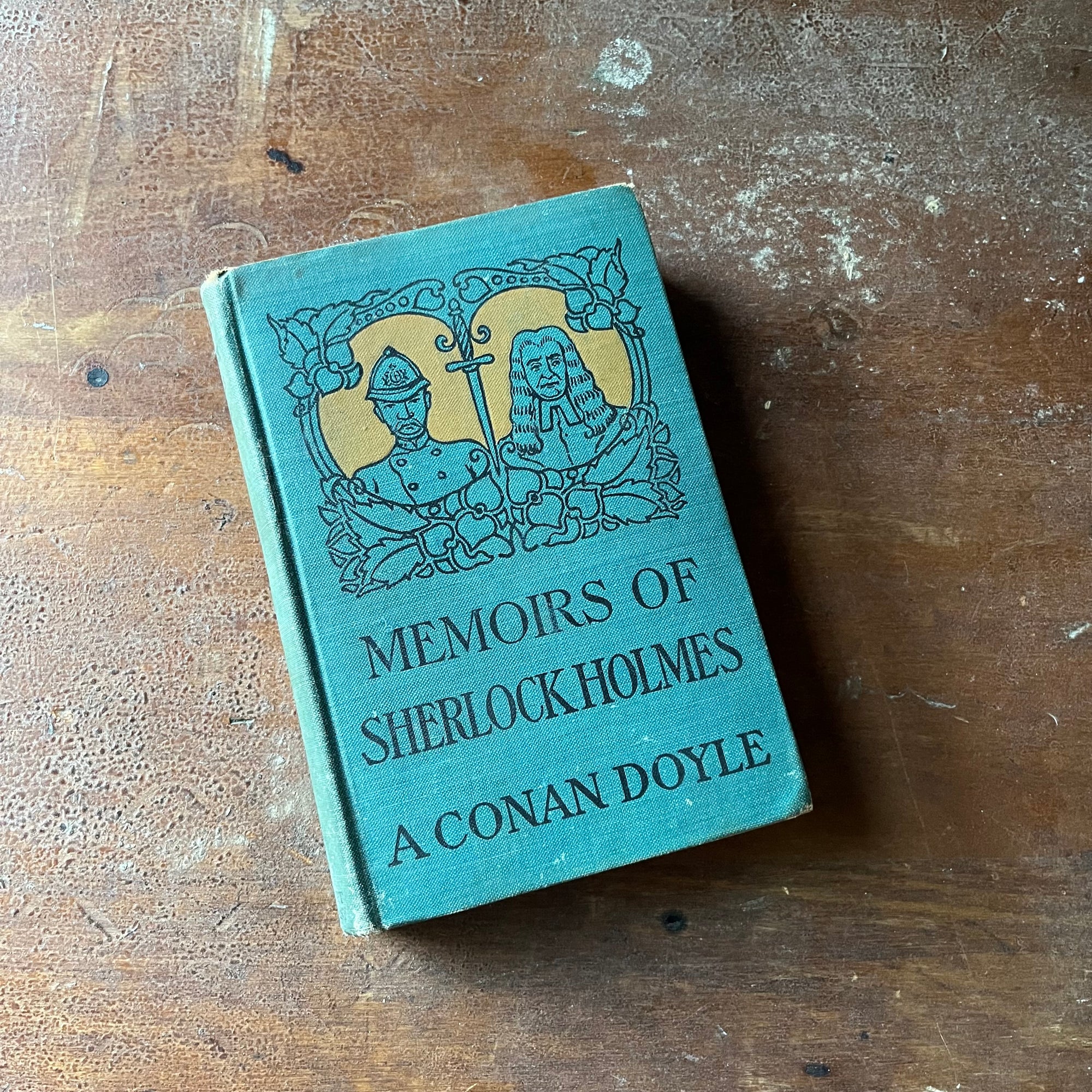 vintage mystery book, Antiquarian book, Sherlock Holmes Mystery, Sir Arthur Conan Doyle - Memoirs of Sherlock Holmes written by A. Conan Doyle - view of the front cover with an illustration of Sherlock & Watson on the front along with book title & author's name