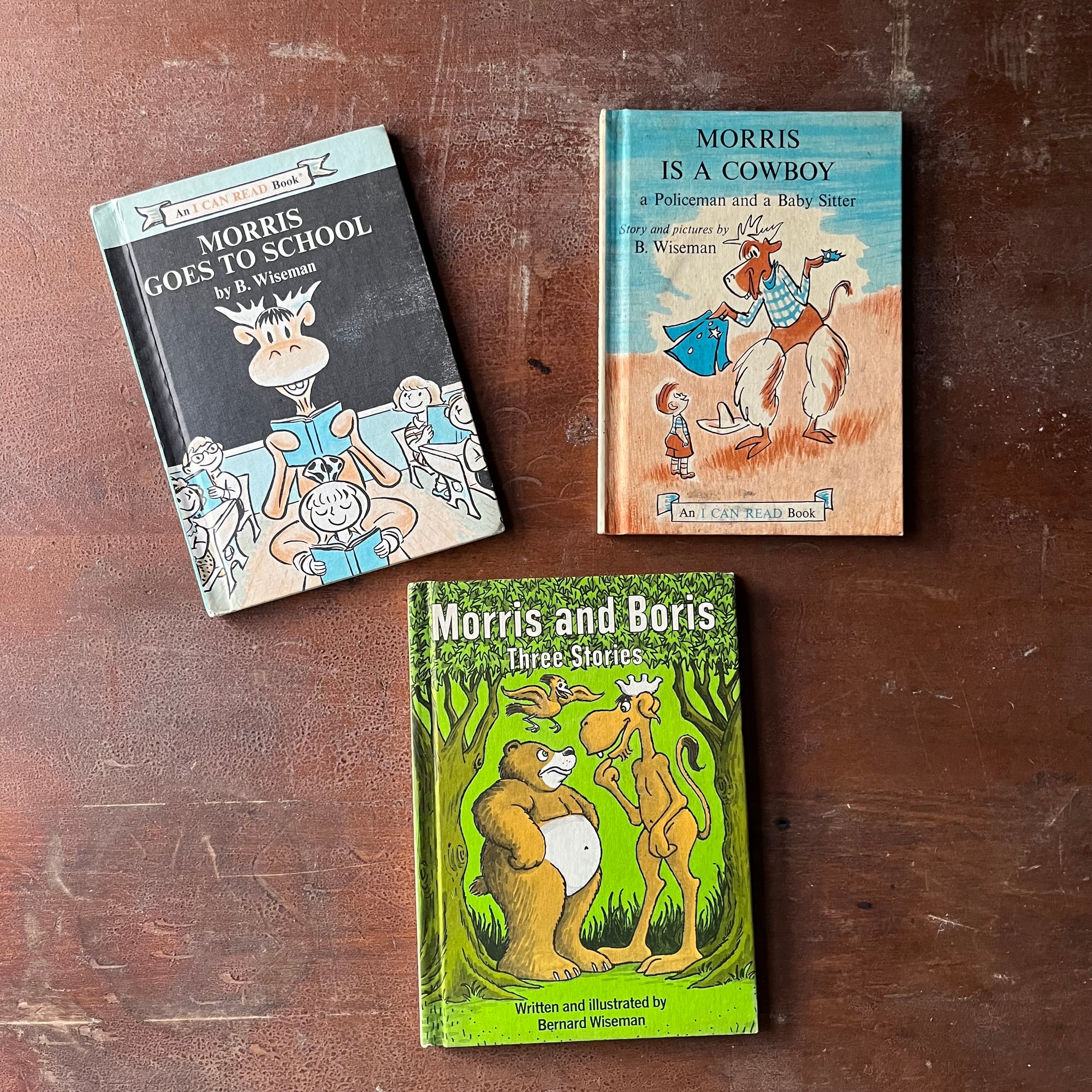 vintage children's picture books, An I Can Read Book Set -Morris the Moose Three Book Set story and illustrations by Bernard Wiseman - view of the front covers