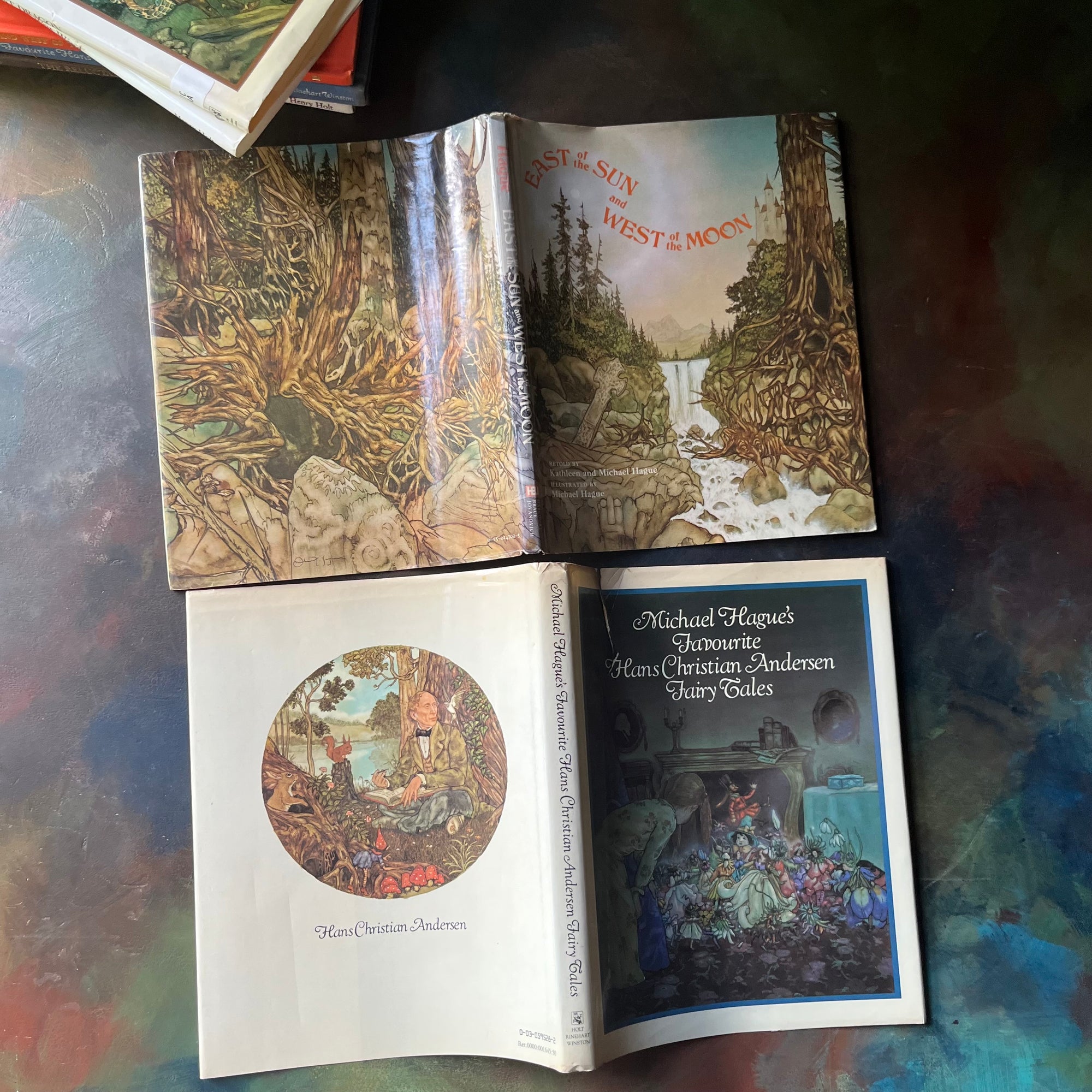 Old Mother West Wind-The Reluctant Dragon-Favourite Hans Christian Andersen Fairy Tales-East of Sun and West of the Moon-book set illustrated by Michael Hague-view of the outside of the dust jackets