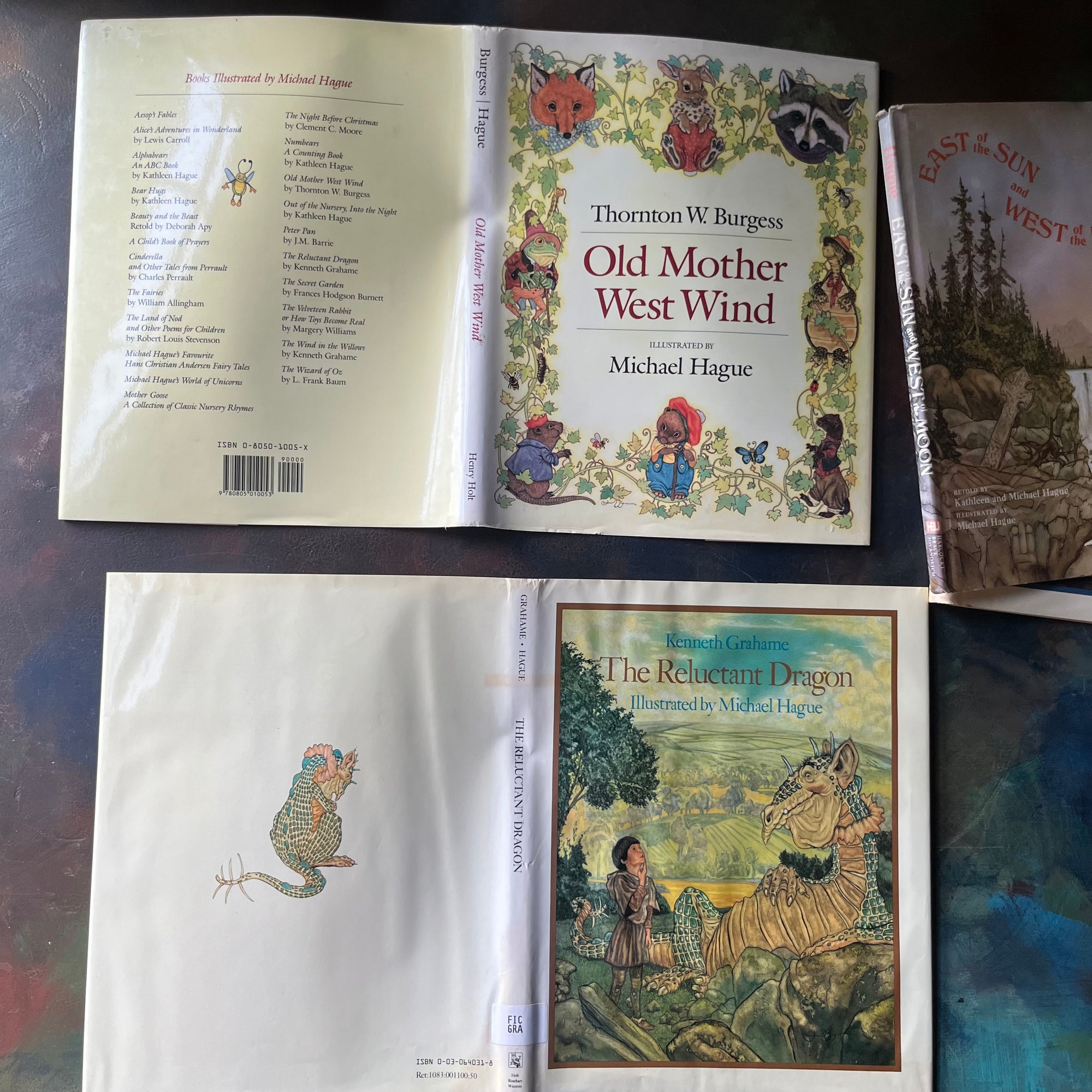 Old Mother West Wind-The Reluctant Dragon-Favourite Hans Christian Andersen Fairy Tales-East of Sun and West of the Moon-book set illustrated by Michael Hague-view of the outside of the dust jackets