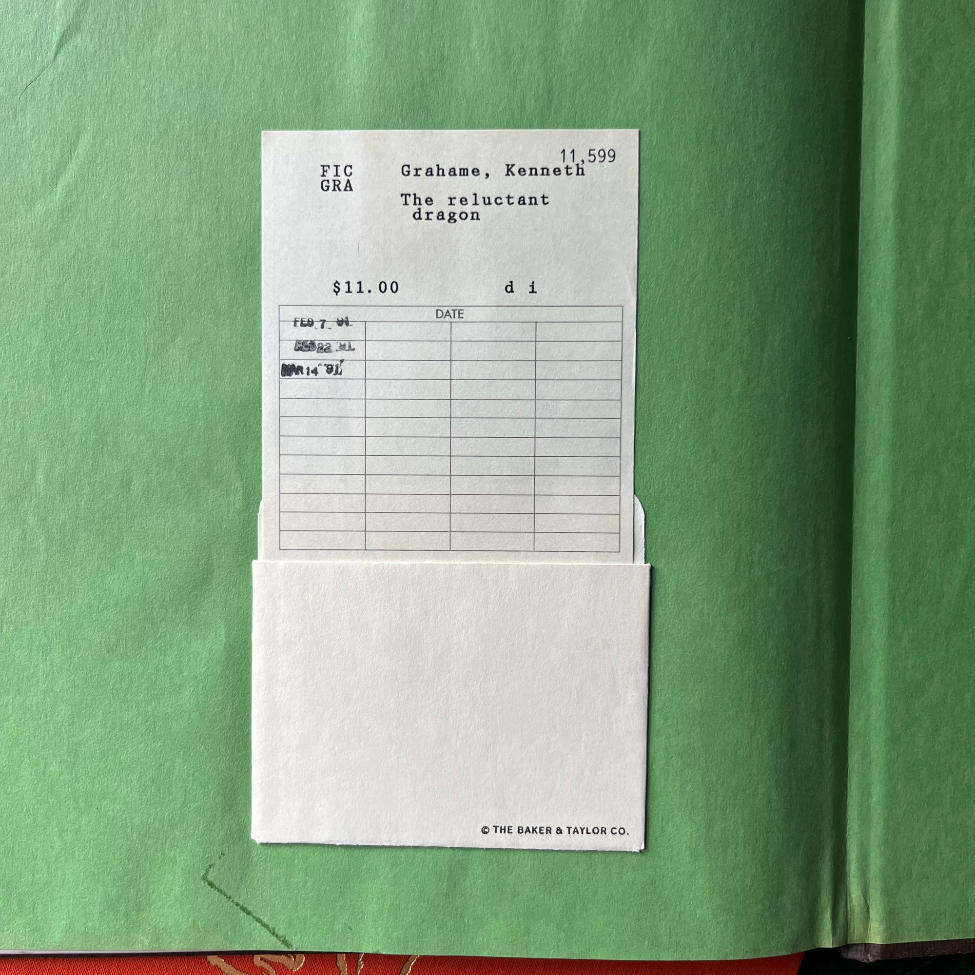 Old Mother West Wind-The Reluctant Dragon-Favourite Hans Christian Andersen Fairy Tales-East of Sun and West of the Moon-book set illustrated by Michael Hague-view of the library card holder in the back of The Reluctant Dragon