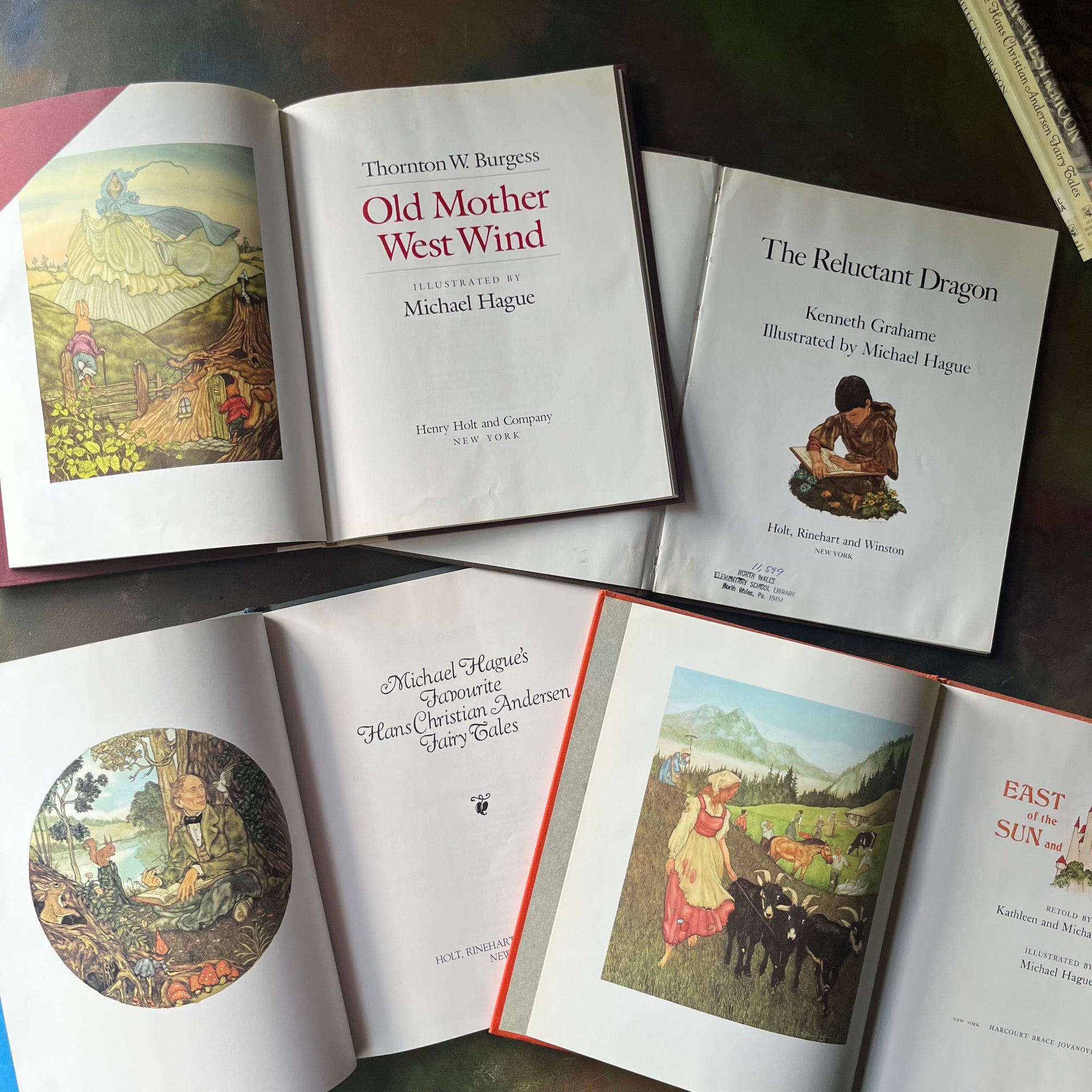 Old Mother West Wind-The Reluctant Dragon-Favourite Hans Christian Andersen Fairy Tales-East of Sun and West of the Moon-book set illustrated by Michael Hague-view of the title pages and frontispieces