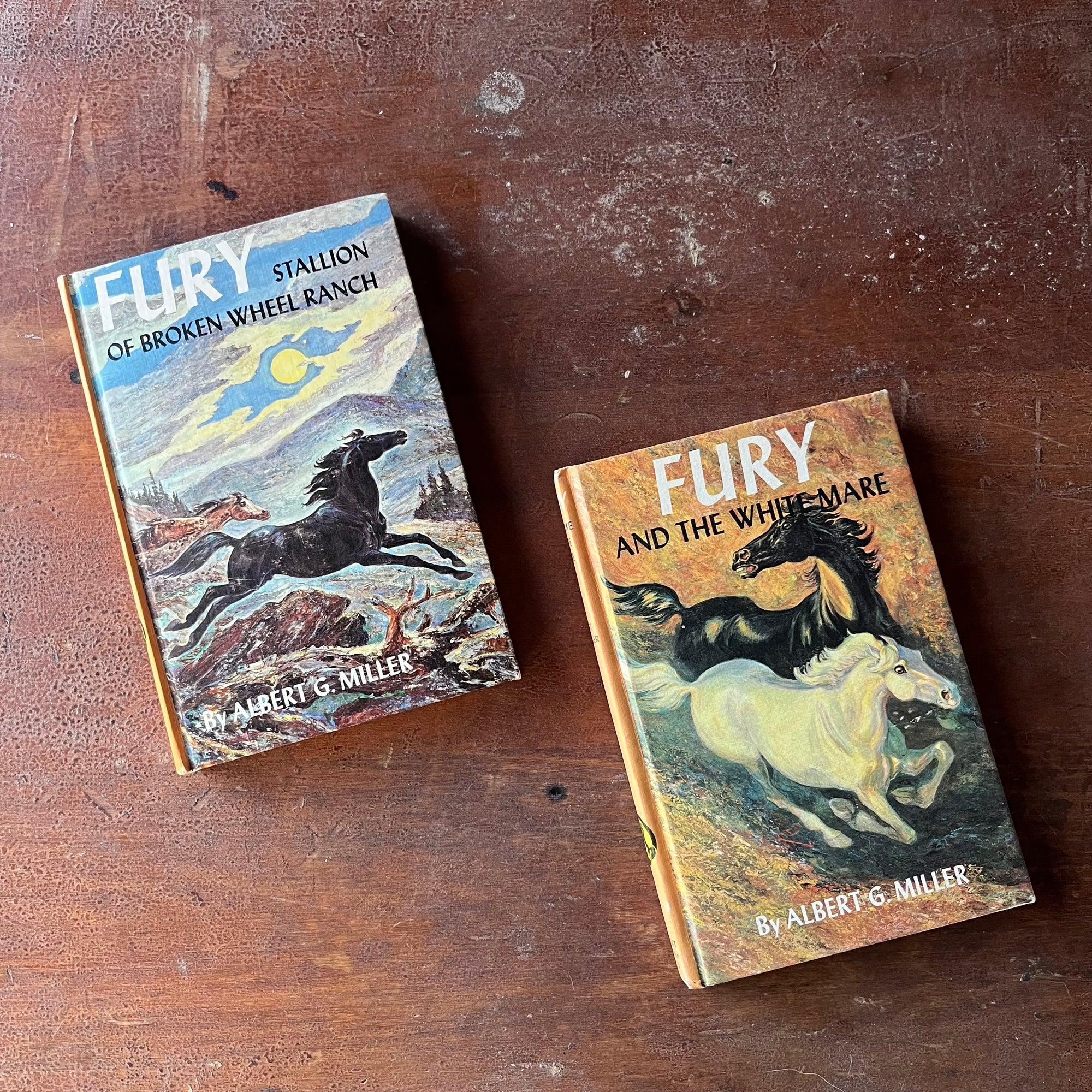 Pair of Fury Stallion Books written by Albert G. Miller - Fury Stallion of Broken Wheel Ranch and Fury and the White Mare - view of the front covers