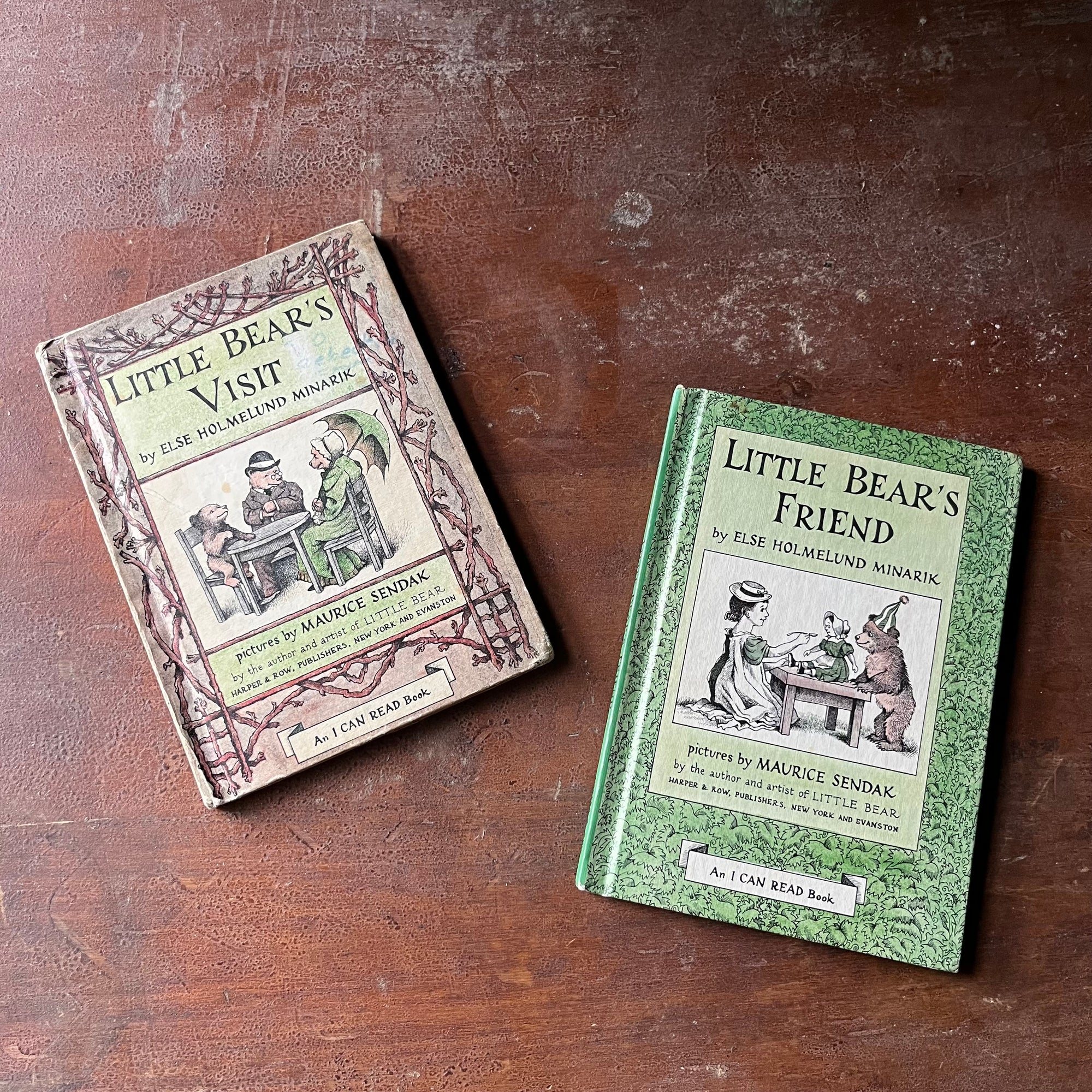 vintage children's picture books, An I Can Read Book - Pair of Little Bear Books written by Else Holmelund Minarik with illustrations by Maurice Sendak - Little Bear's Visit and Little Bear's Friend - view of the front covers