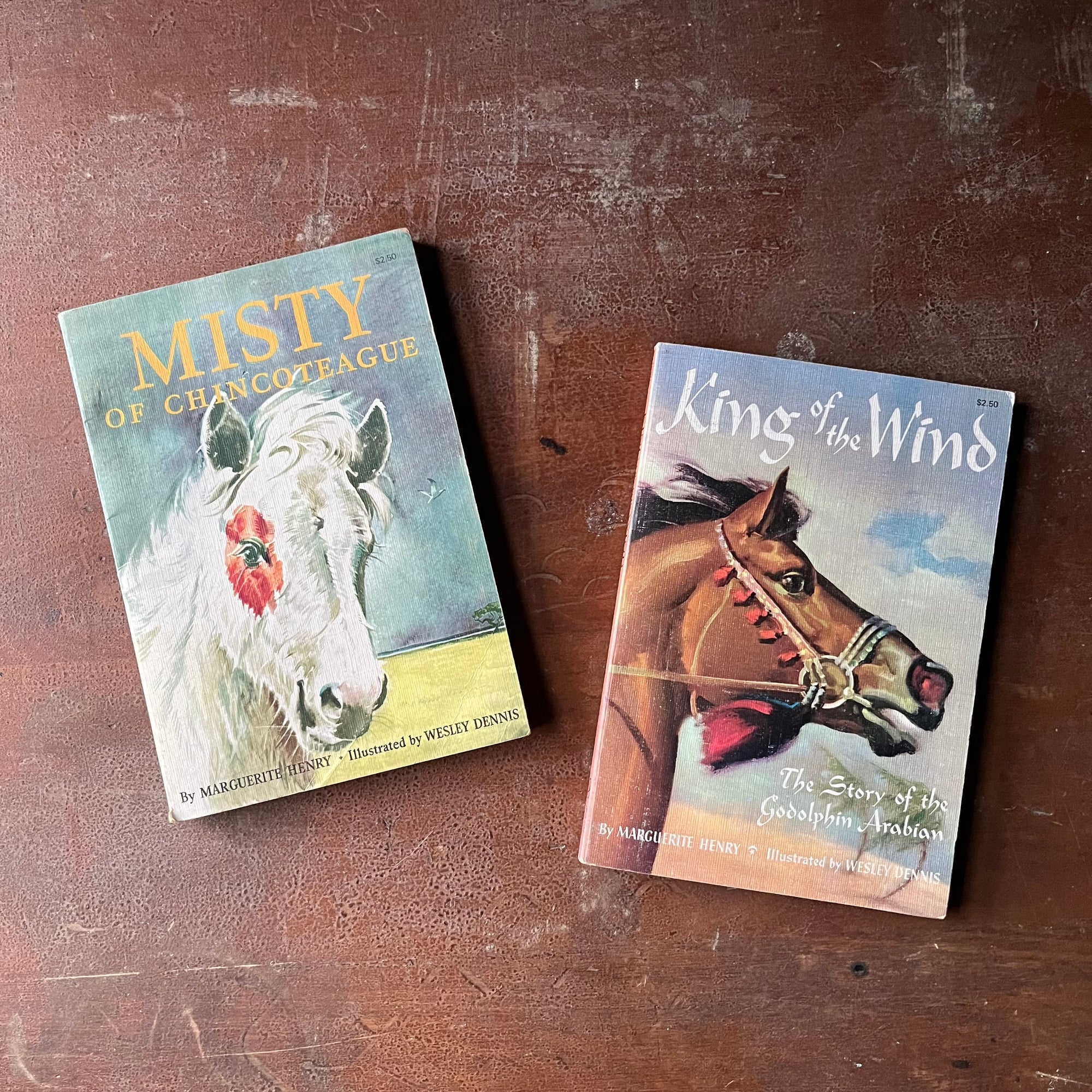 vintage children's chapter books, vintage horse stories, vintage books about animals - Pair of Books Written by Marguerite Henry with illustrations by Wesley Dennis:  Misty of Chincoteague & King of the Wind - view of the front covers