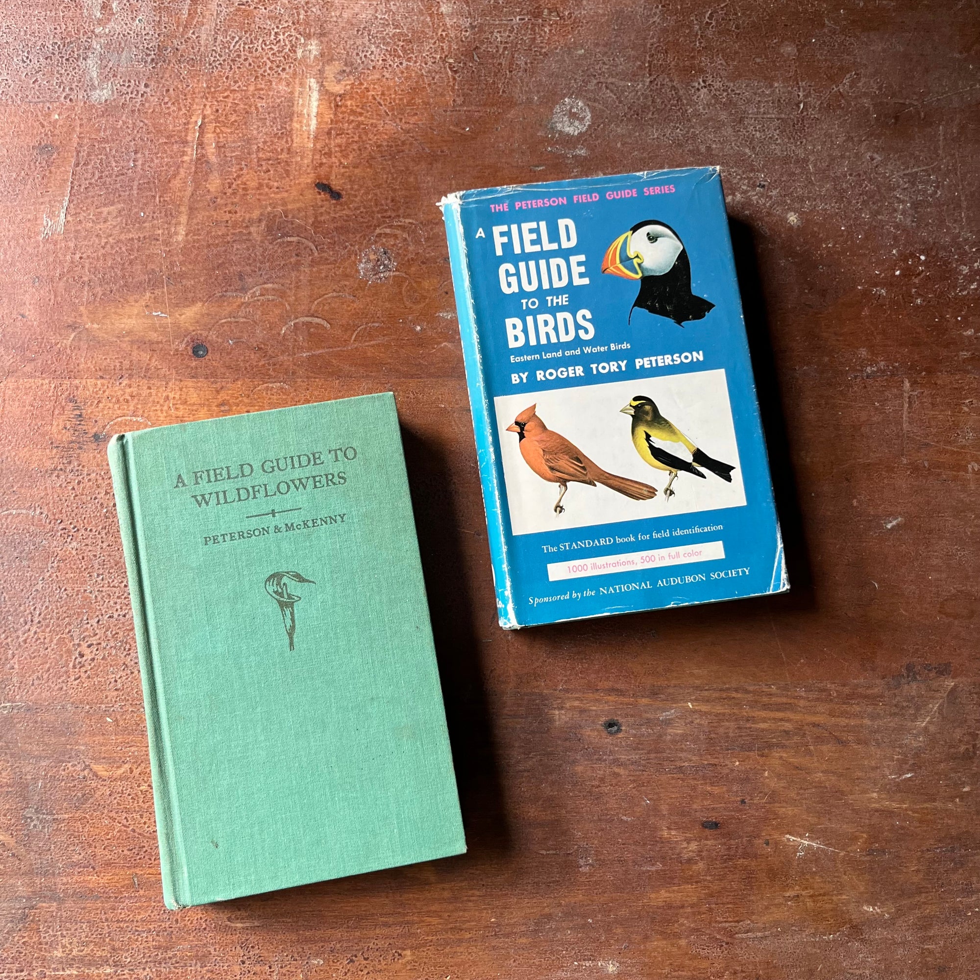vintage nature guides - Pair of Peterson Field Guides-Field Guide to the Birds & Field Guide to Wildflowers - view of the front covers, one with its original dust jacket