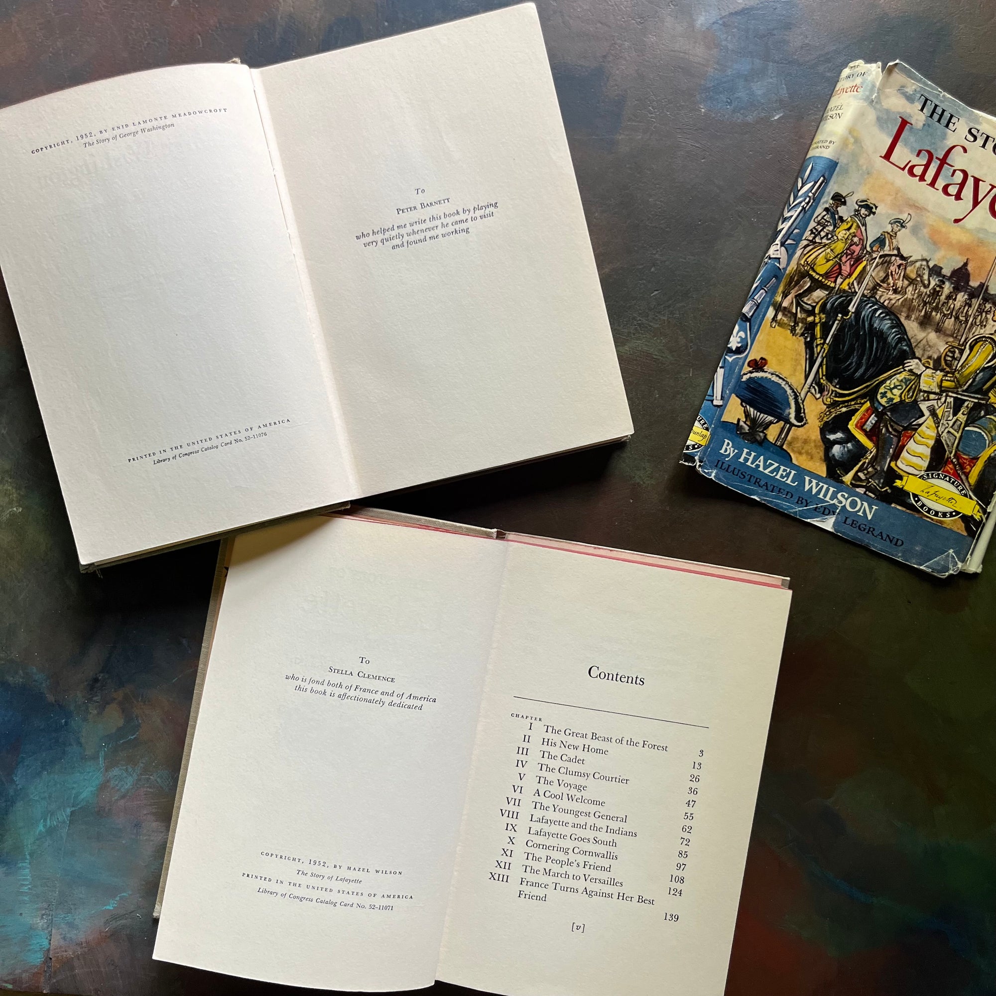 Pair of Signature Series History Books for Children-Lafayette-George Washington-1950's History Books for Kids-vintage US History Book Set - view of the copyright, dedication & contents pages