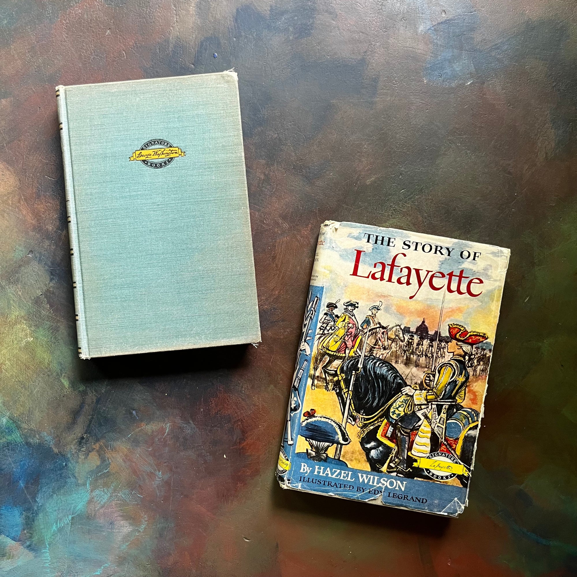 Pair of Signature Series History Books for Children-Lafayette-George Washington-1950's History Books for Kids-vintage US History Book Set - view of the front covers with Lafayette showing the dust jacket's front cover