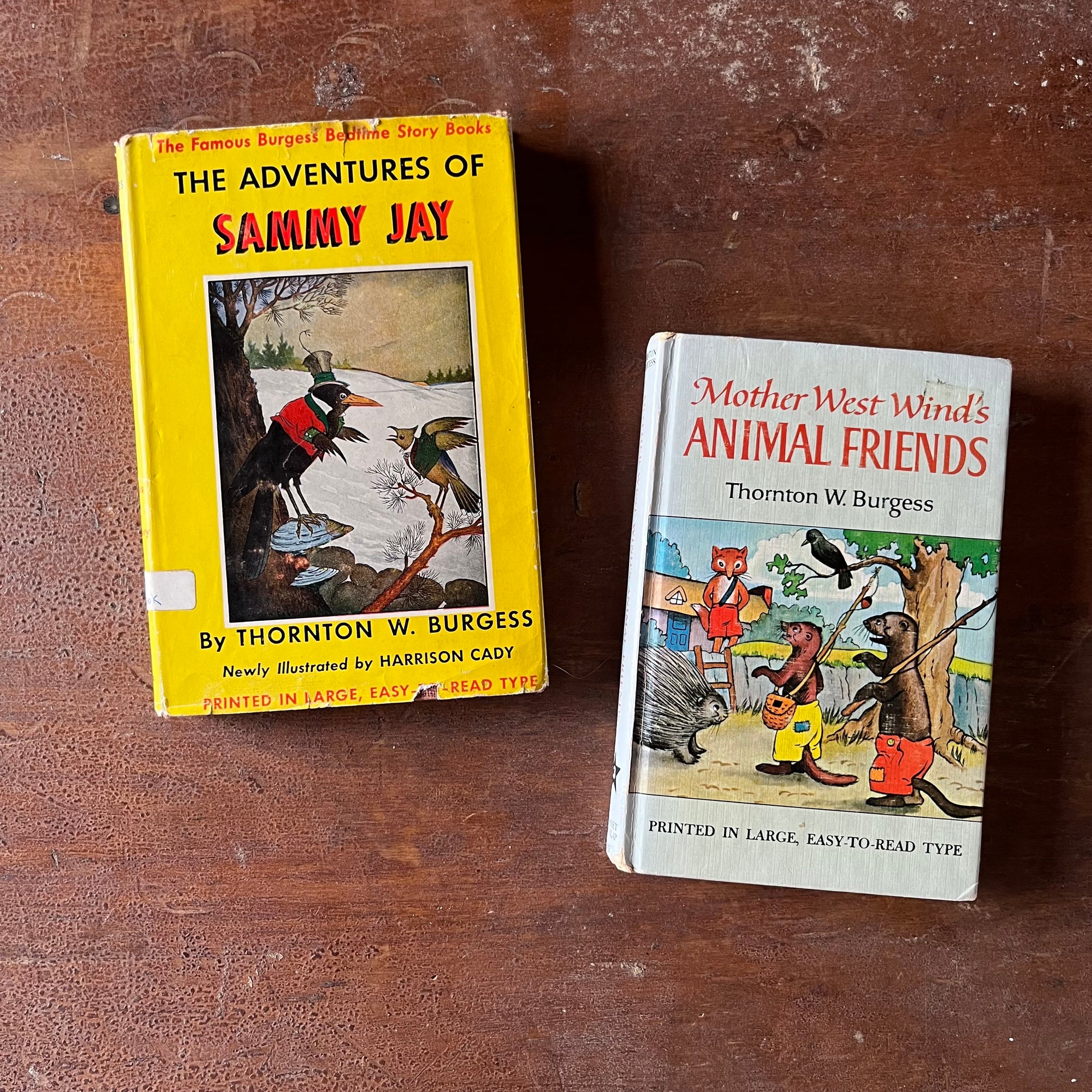 Pair of Thorton W. Burgess Books: The Adventures of Sammy Jay & Mother West Wind's Animal Friends - vintage children's storybooks  - view of the front covers with the dust jacket of The Adventures of Sammy Jay