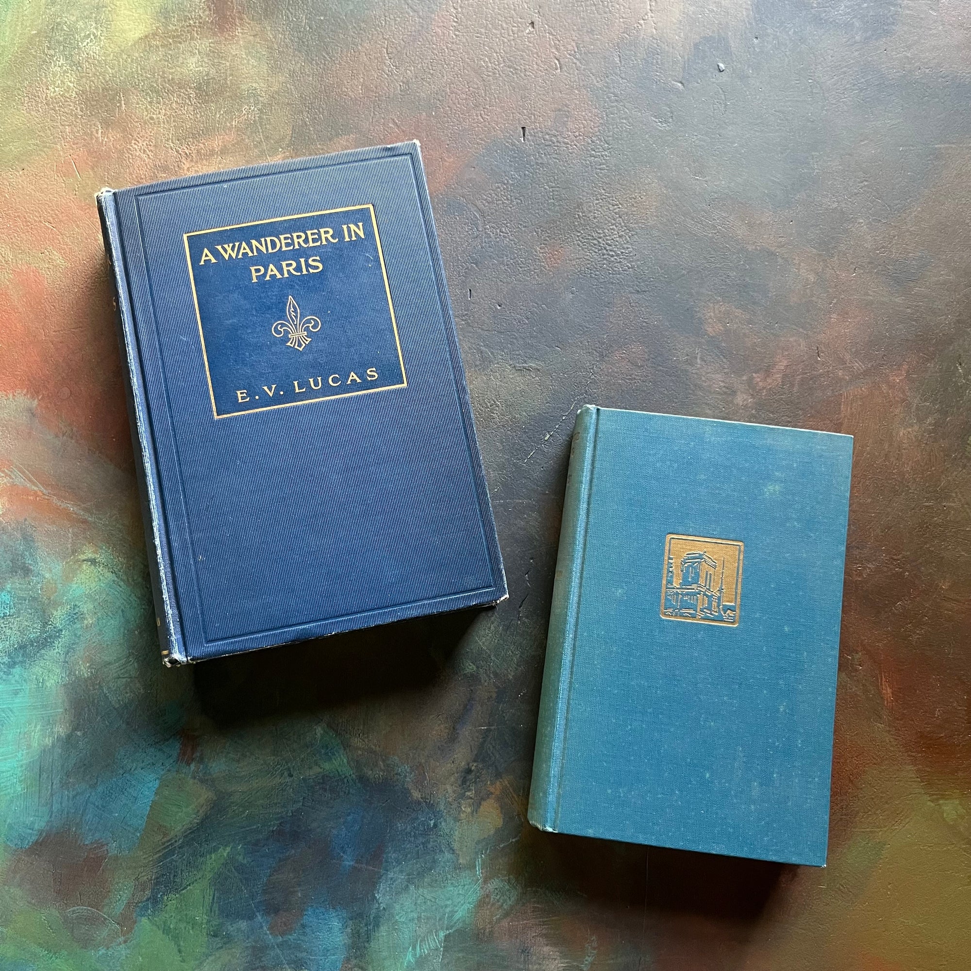 Pair of Vintage Books About Traveling in Paris-So You're Going to Paris & A Wanderer in Paris-vintage travel books-Paris, France-view of the front covers - embossed