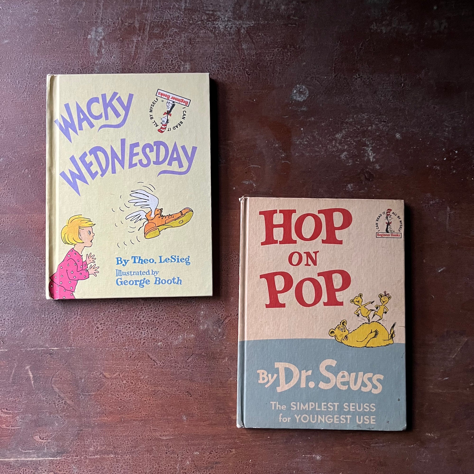 vintage children's picture books, vintage I Can Read It All By Myself Books, Pair of Dr. Seuss Books - Wacky Wednesday written by Theo. LeSieg with illustrations by George Booth and Hop on Pop written by Dr. Seuss - view of the front covers