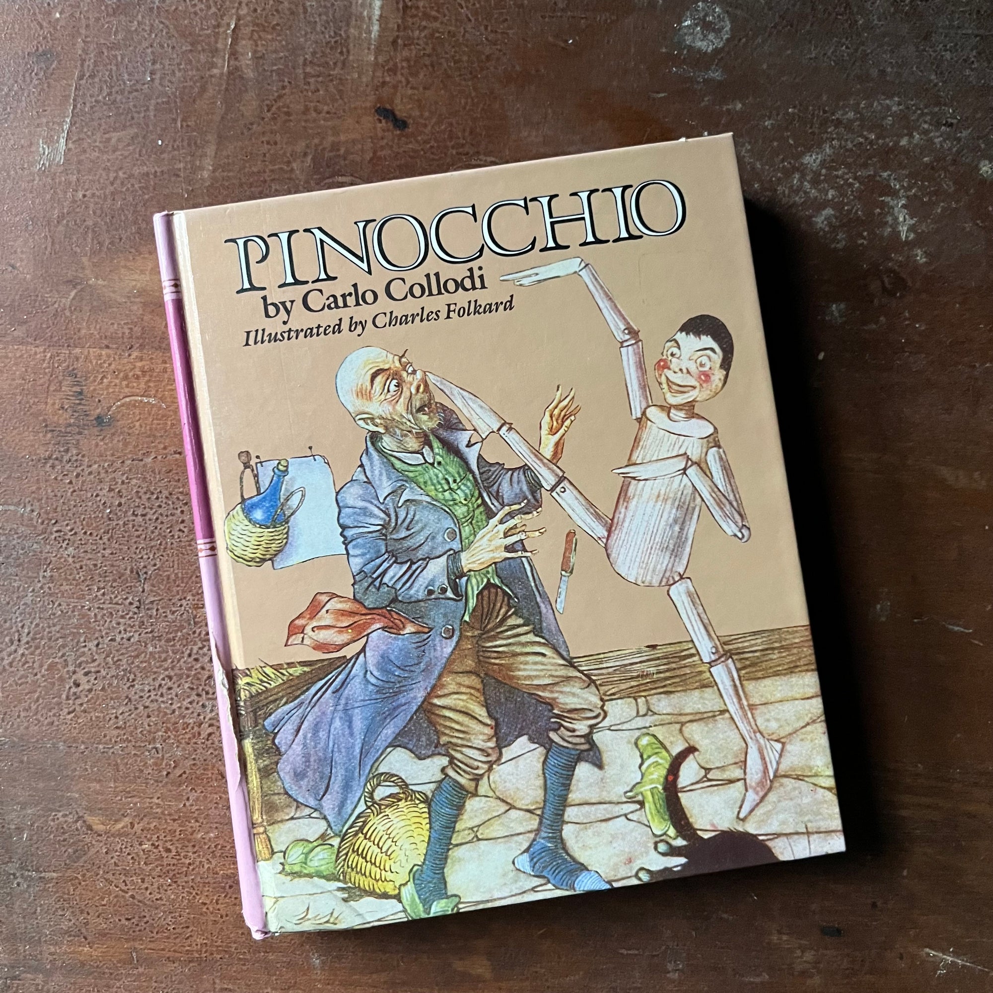 vintage children's chapter book, classic tale - Pinocchio by Carlo Collodi 1987 Longmeadow Press Edition - view of the front cover