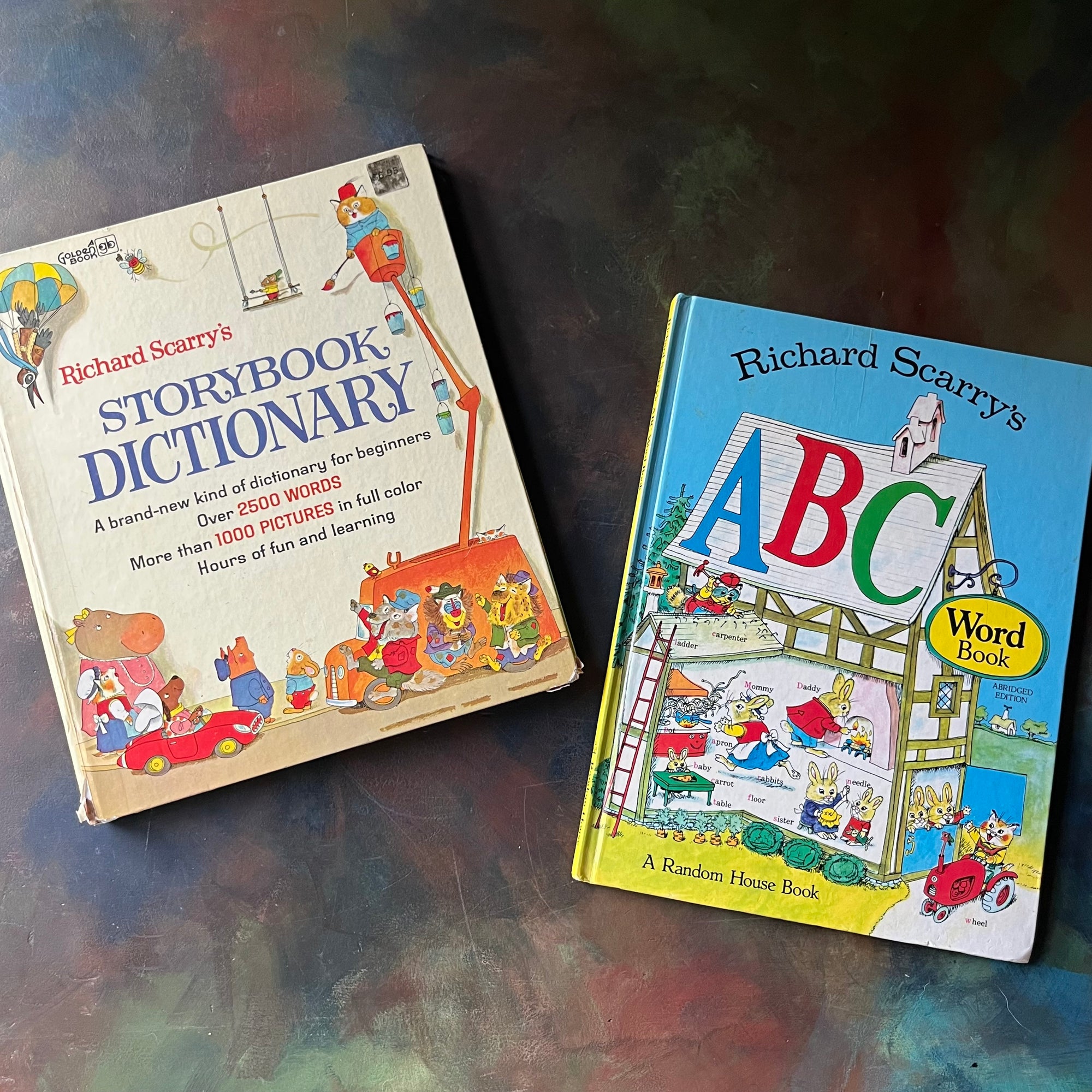 Richard Scarry's Dictionary and Richard Scarry's ABC Book-vintage children's picture storybooks-vintage early learning books for kids-view of the front covers