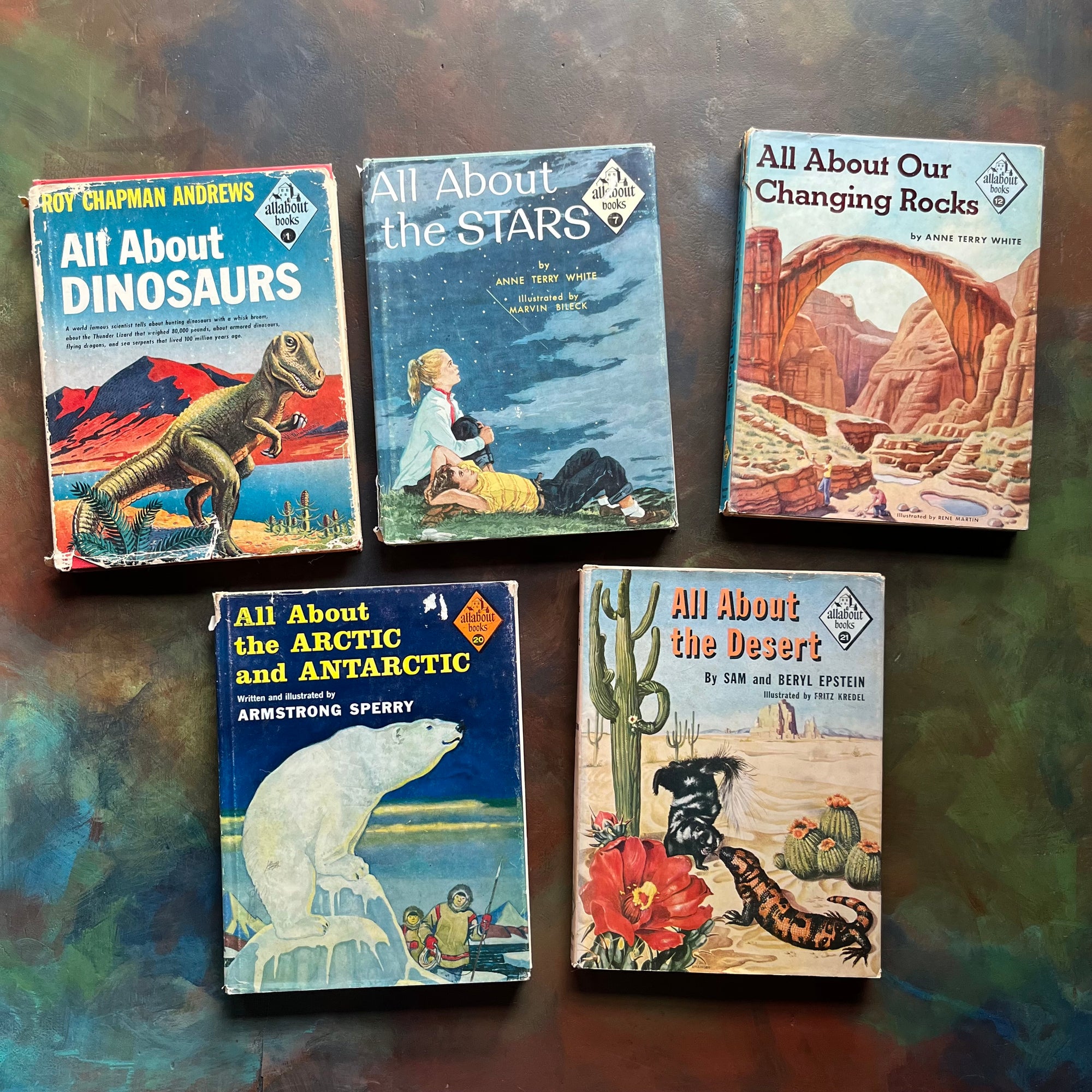 Set of 5 All About Books-Dinosaurs, Stars, Changing Rocks, Arctic & Antarctic, and The Desert-vintage science books for kids-view of the dust jacket's front covers with colorful illustrations