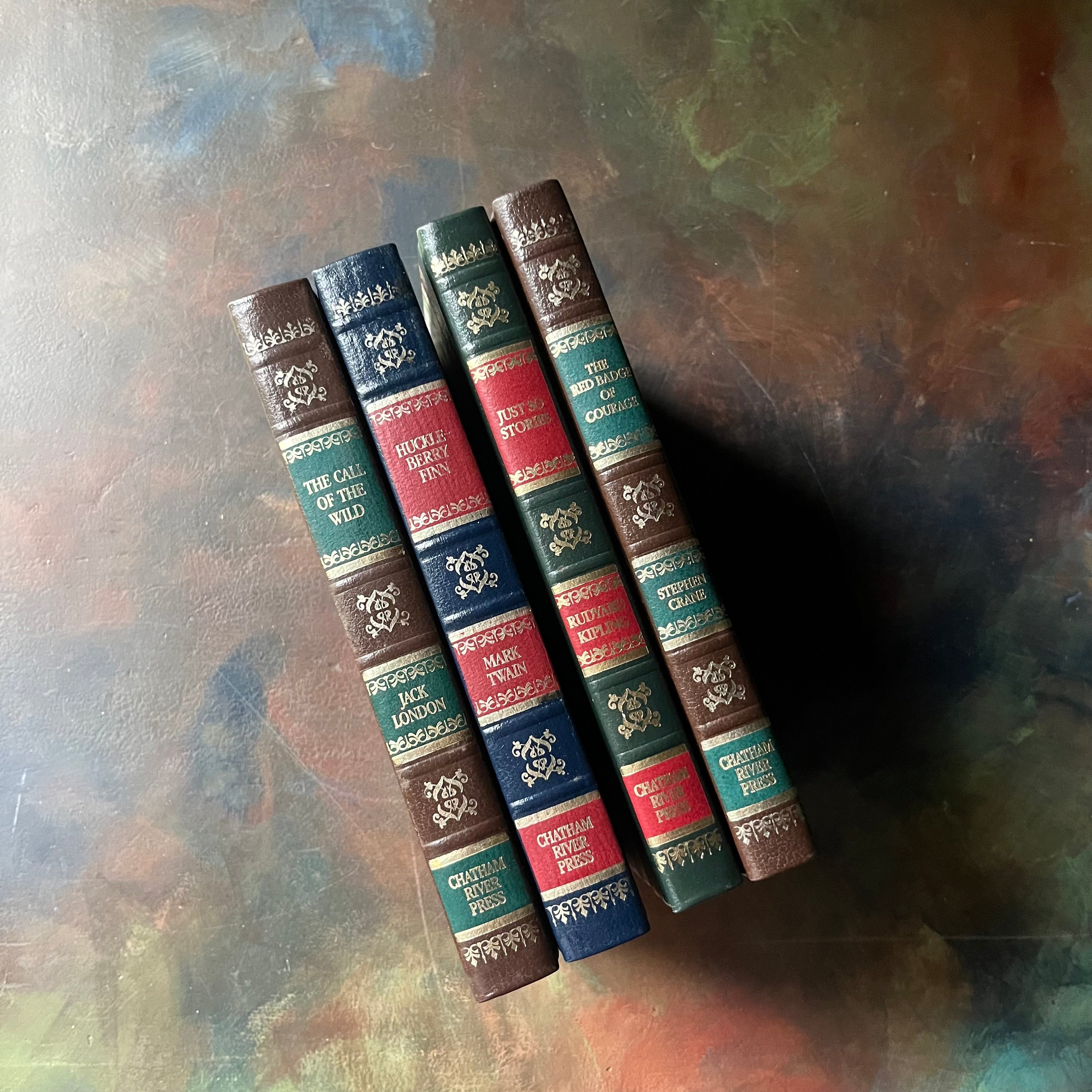 Set of Chatham River Press Classics-Red Badge of Courage-Just So Stories-The Adventures of Huckleberry Finn-The Call of the Wild-classic literature every child should read-family read a-louds-view of the spines