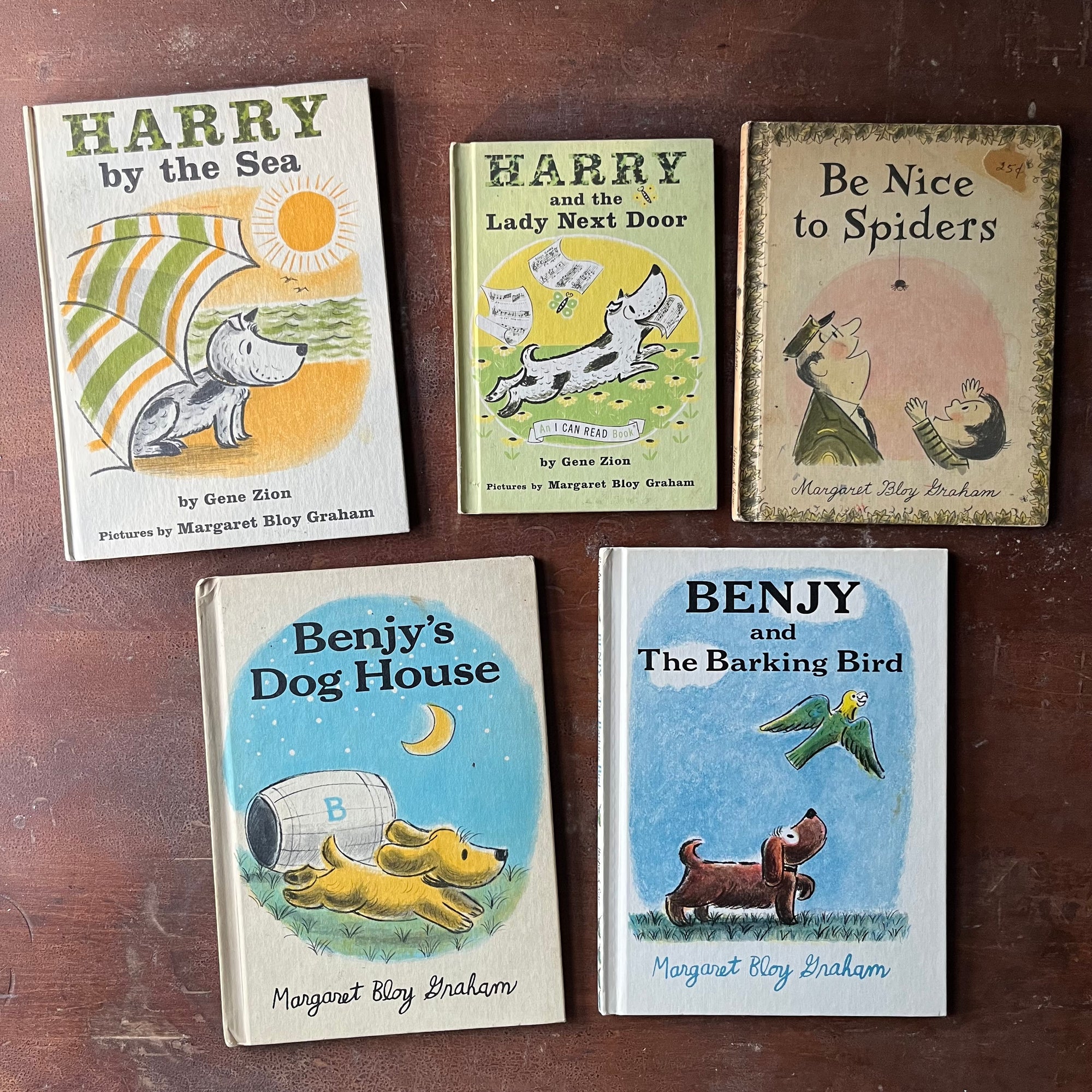vintage children's picture book set - Set of Five Margaret Bloy Graham Books - 2 Harry the Dog books written by Gene Zion with illustrations by Margaret, 2 Benjy the Dog Books & Be Nice to Spiders - view of the front covers
